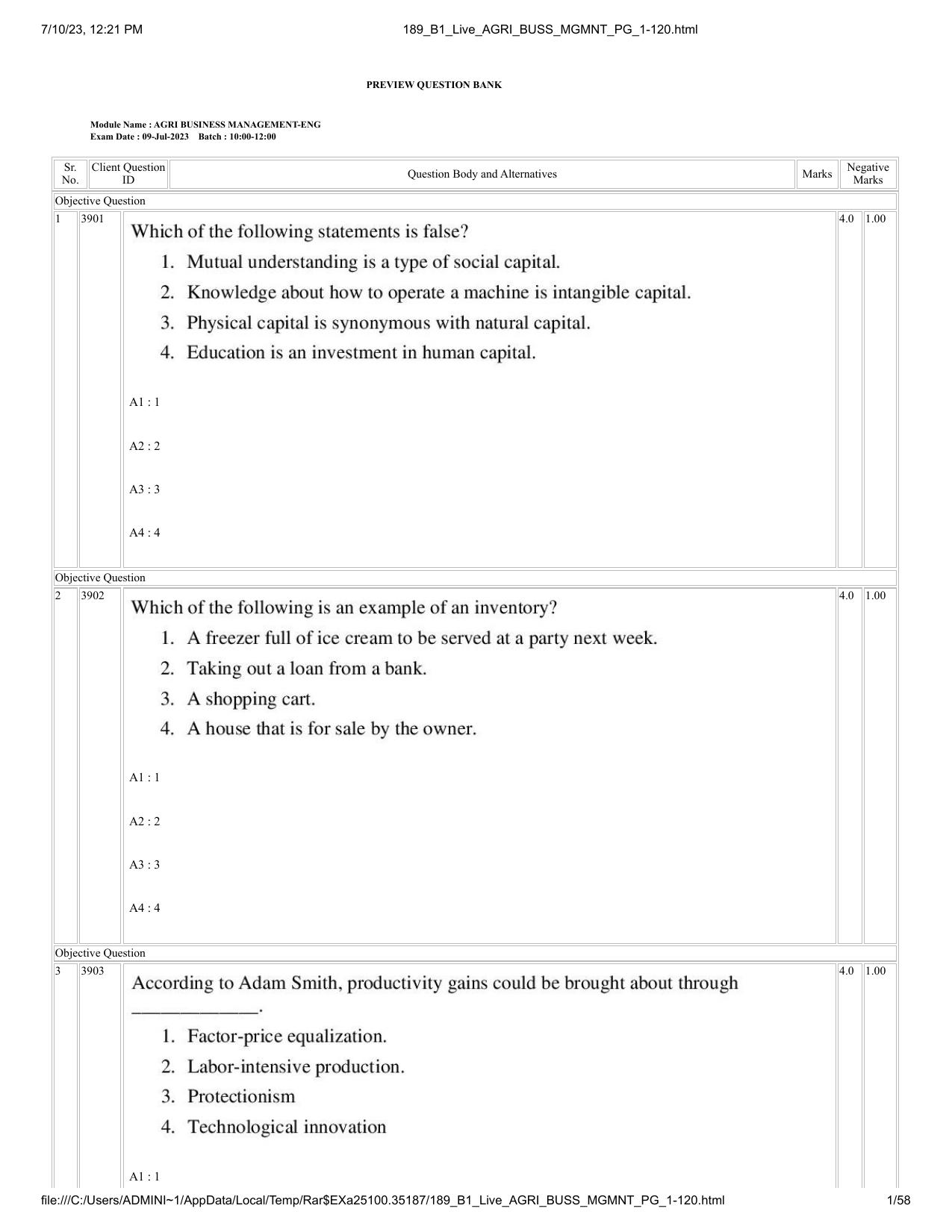 ICAR AIEEA PG 2023 AGRI BUSINESS MANAGEMENT Question Paper - Page 1