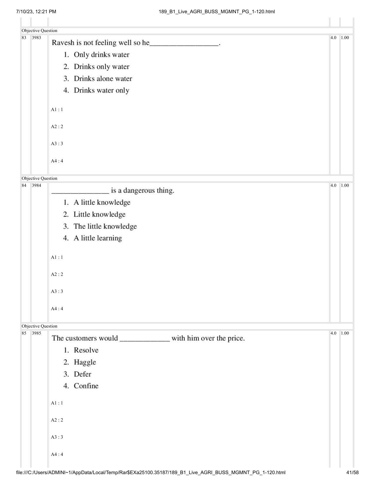 ICAR AIEEA PG 2023 AGRI BUSINESS MANAGEMENT Question Paper - Page 41