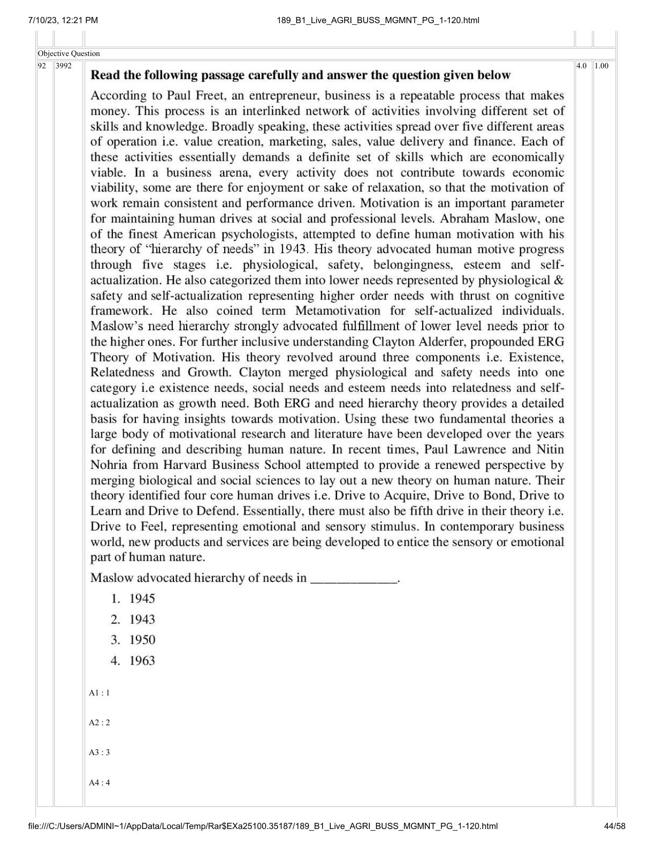 ICAR AIEEA PG 2023 AGRI BUSINESS MANAGEMENT Question Paper - Page 44