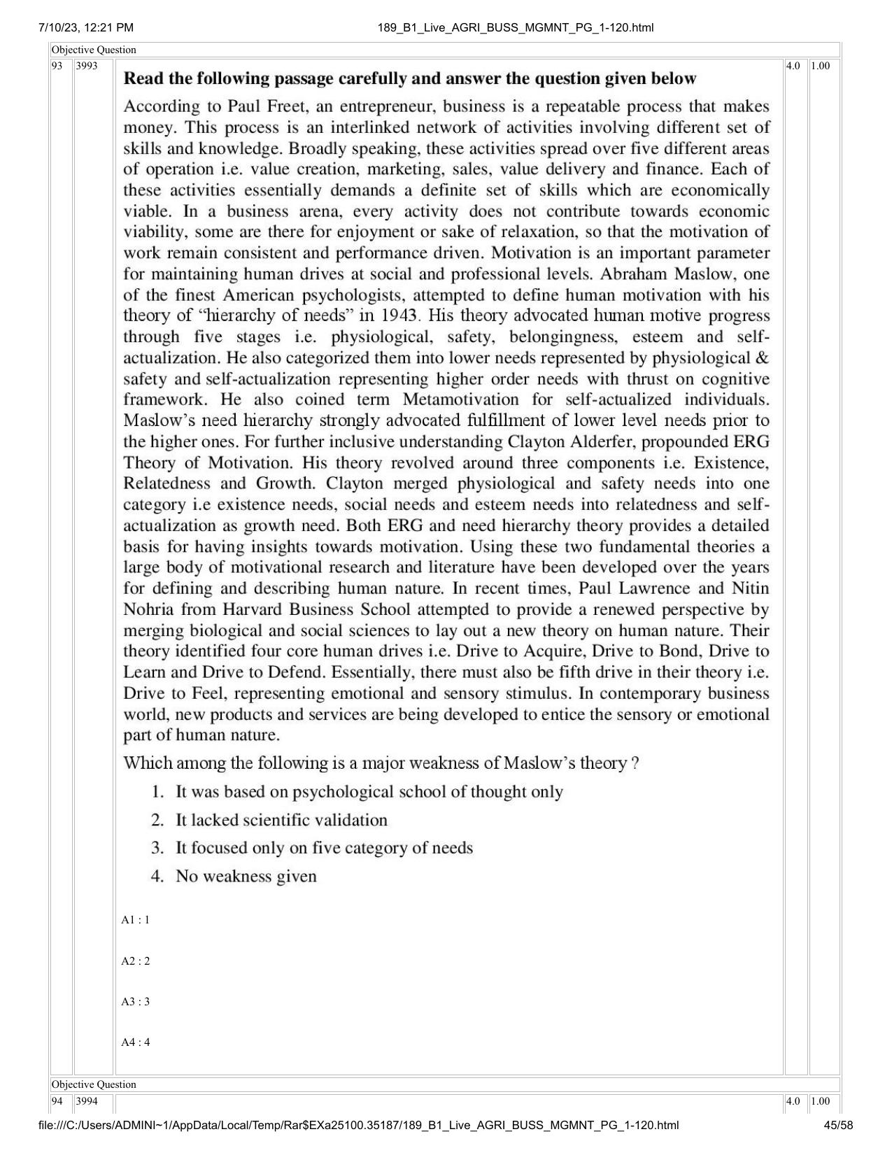 ICAR AIEEA PG 2023 AGRI BUSINESS MANAGEMENT Question Paper - Page 45