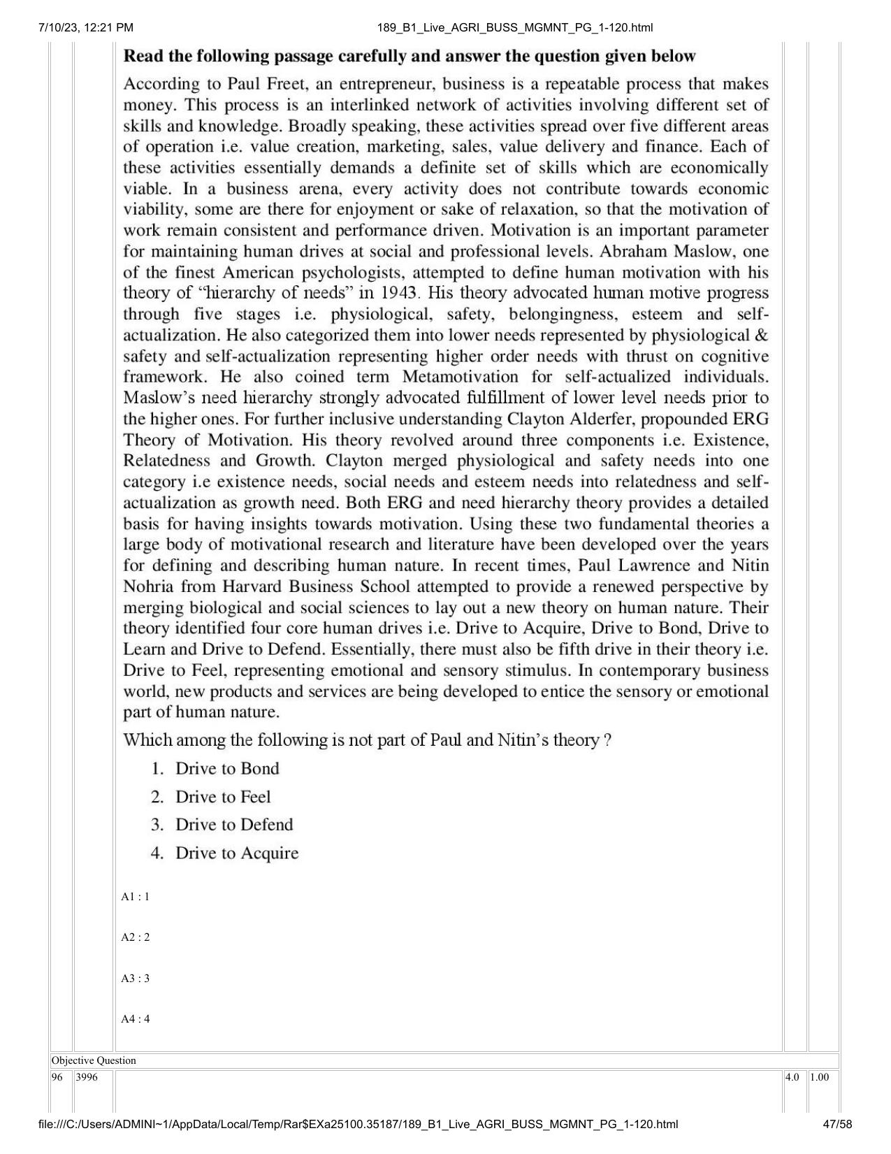 ICAR AIEEA PG 2023 AGRI BUSINESS MANAGEMENT Question Paper - Page 47