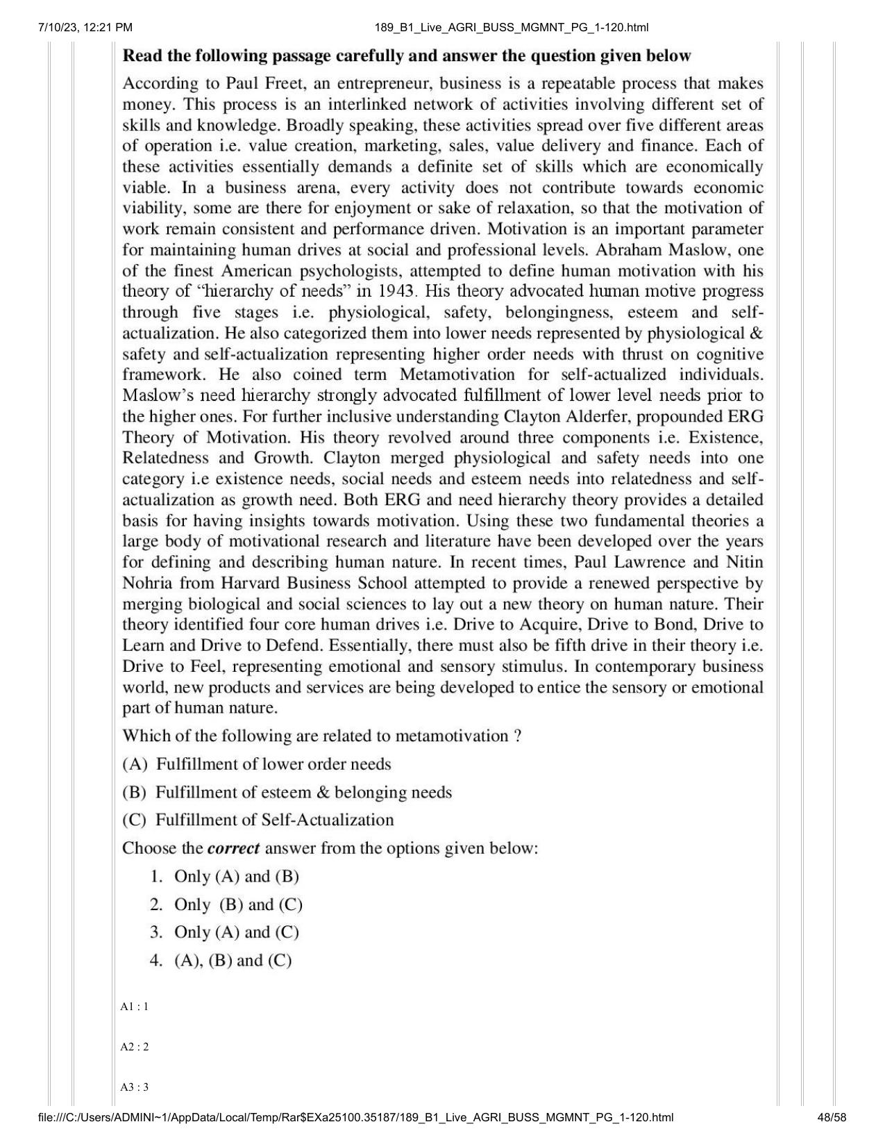 ICAR AIEEA PG 2023 AGRI BUSINESS MANAGEMENT Question Paper - Page 48