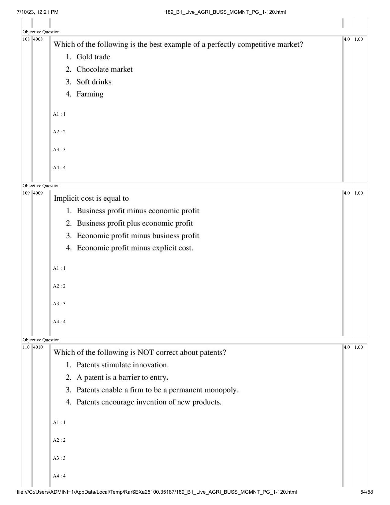 ICAR AIEEA PG 2023 AGRI BUSINESS MANAGEMENT Question Paper - Page 54