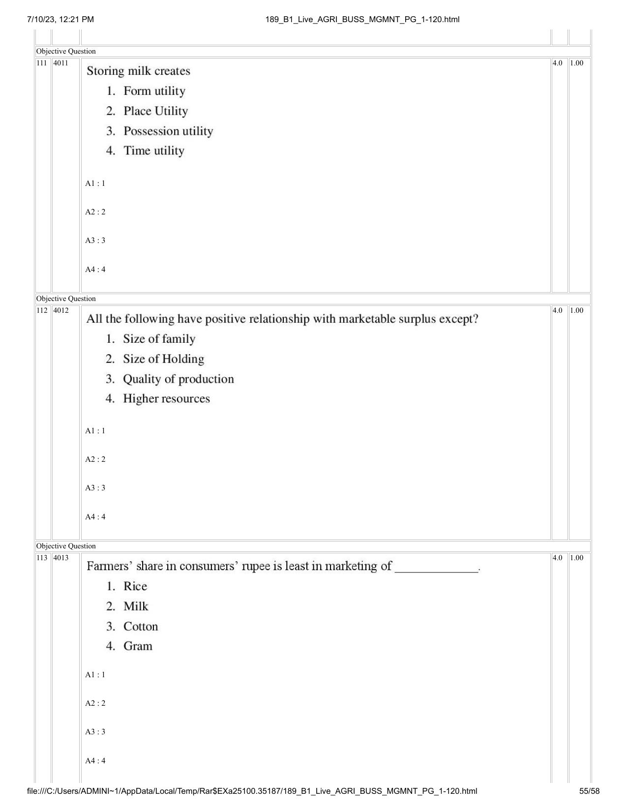 ICAR AIEEA PG 2023 AGRI BUSINESS MANAGEMENT Question Paper - Page 55