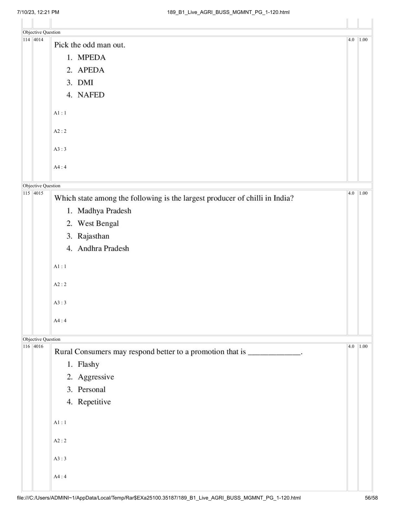 ICAR AIEEA PG 2023 AGRI BUSINESS MANAGEMENT Question Paper - Page 56