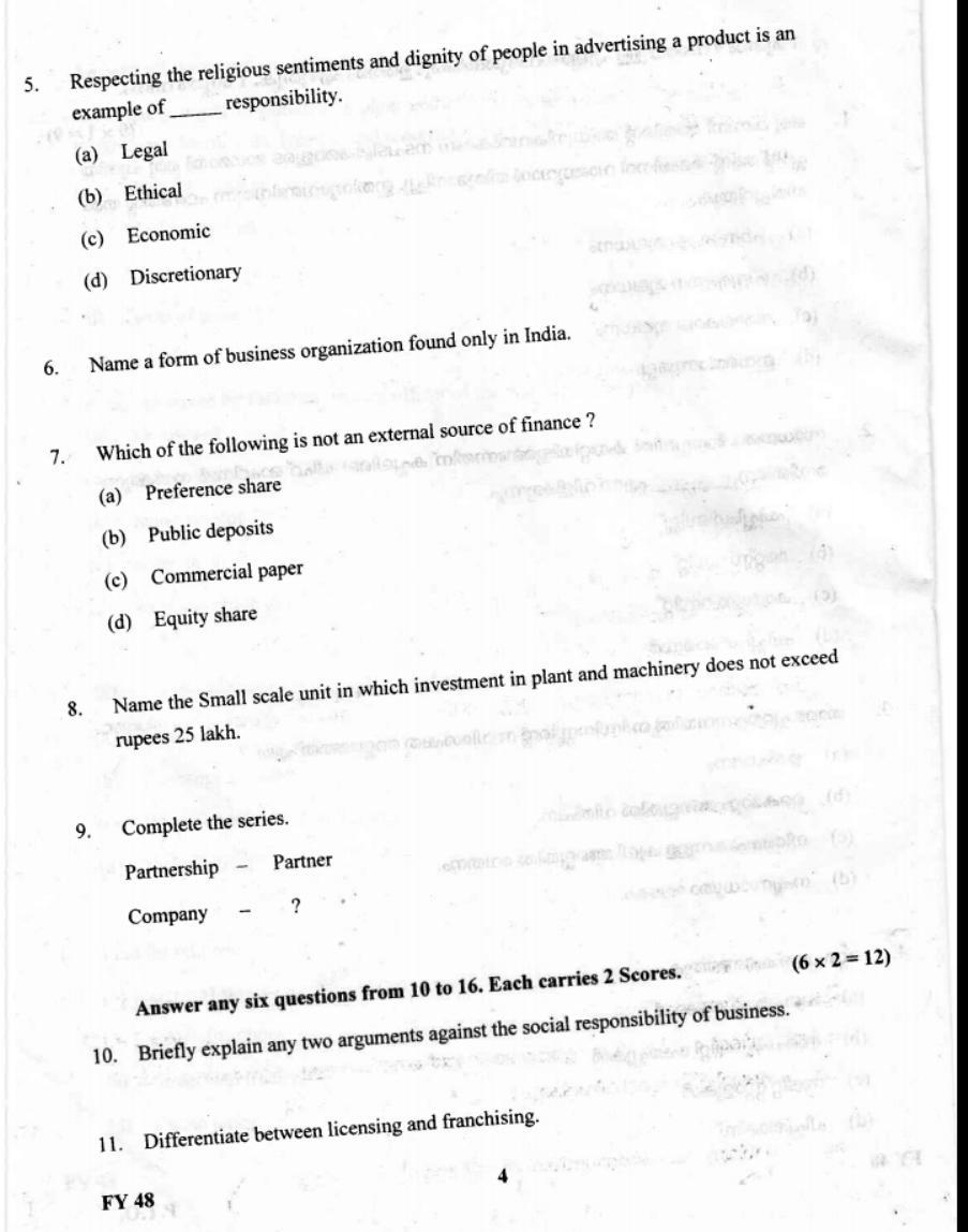 Kerala Plus One 2019 Business Studies Question Paper - Page 4