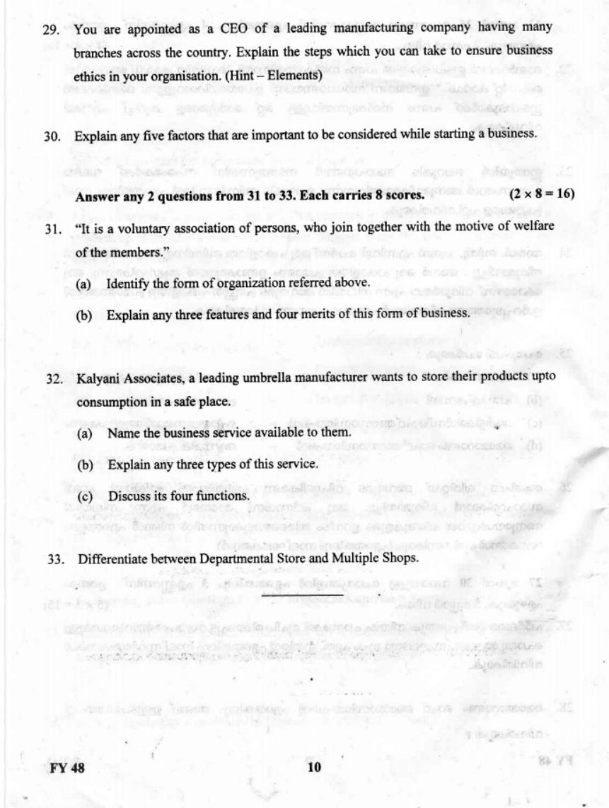 Kerala Plus One 2019 Business Studies Question Paper - Page 10