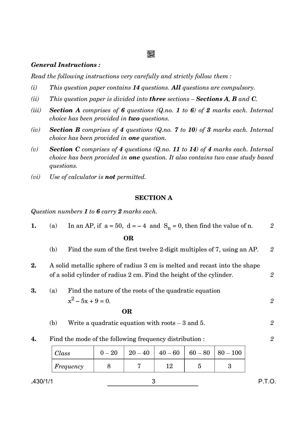 CBSE Class 10 Maths Basic (430/1/1 - SET 1) 2022 Question Paper - Page 3