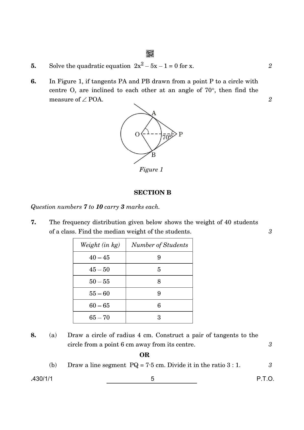CBSE Class 10 Maths Basic (430/1/1 - SET 1) 2022 Question Paper - Page 5
