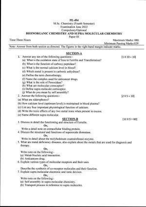 Bilaspur University Question Paper June 2022: M.Sc. Chemistry (Fourth Semester) Bioinorganic Chemistry & Supra-Molecular Chemistry Paper 1