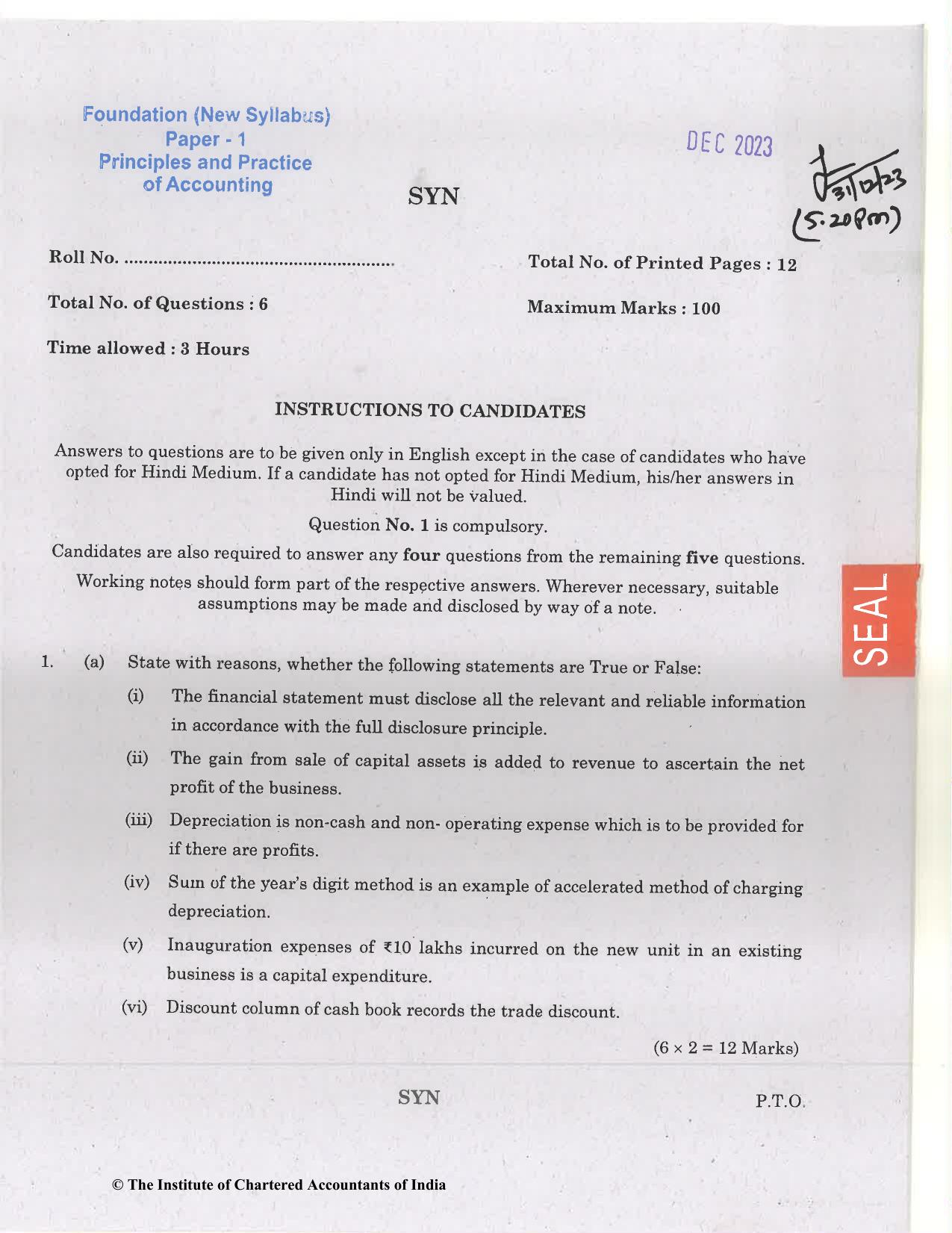 CA Foundation December 2023 Question Paper - Paper 1 (Principles and Practice of Accounting) - Page 1