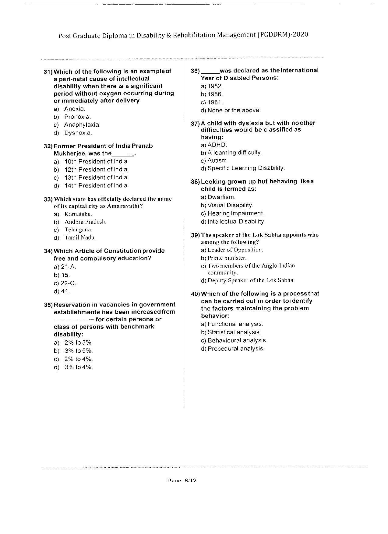 WBJEEB JEMAS (PG) 2020 PGDDRM Question Paper - Page 6