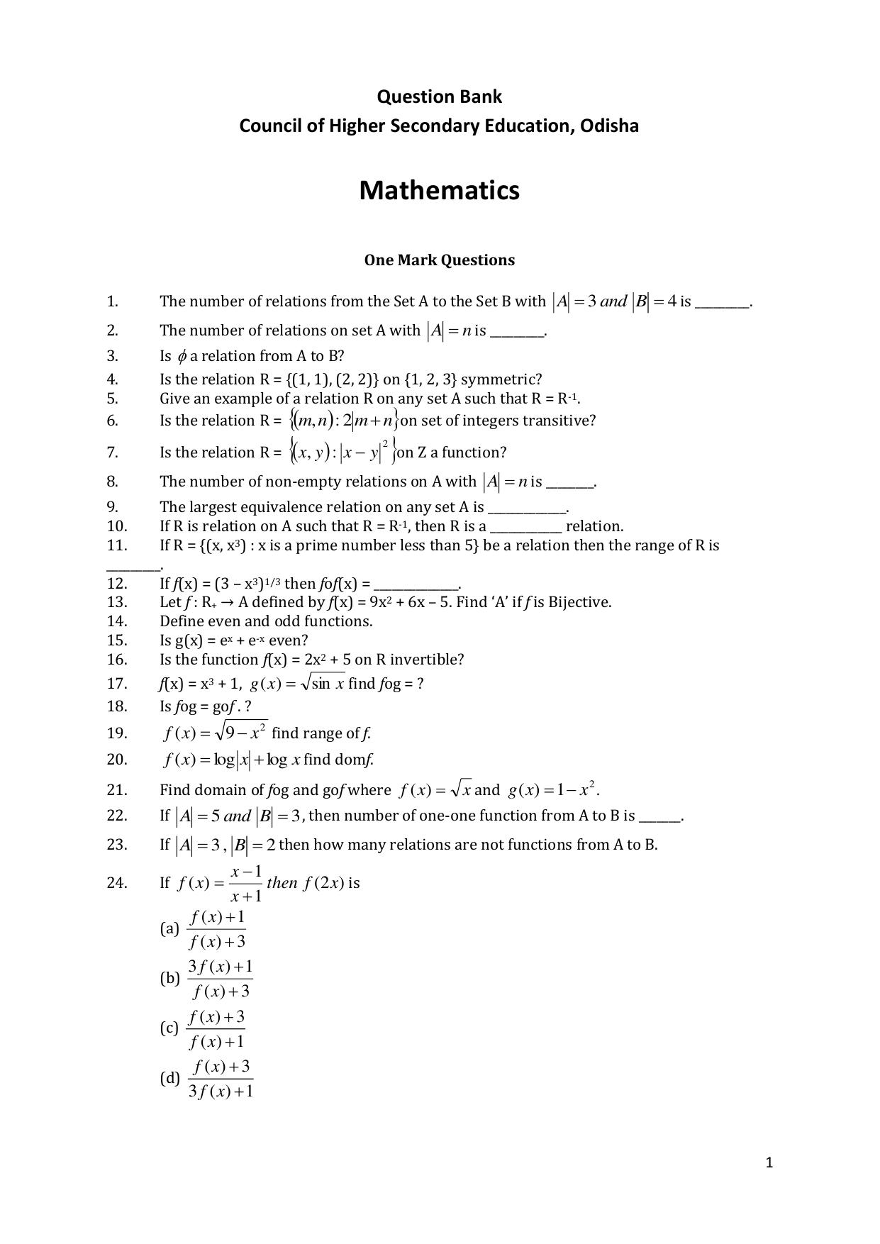 CHSE Odisha Class 12 Mathematics (1ST PHASE) Question Bank - Page 1