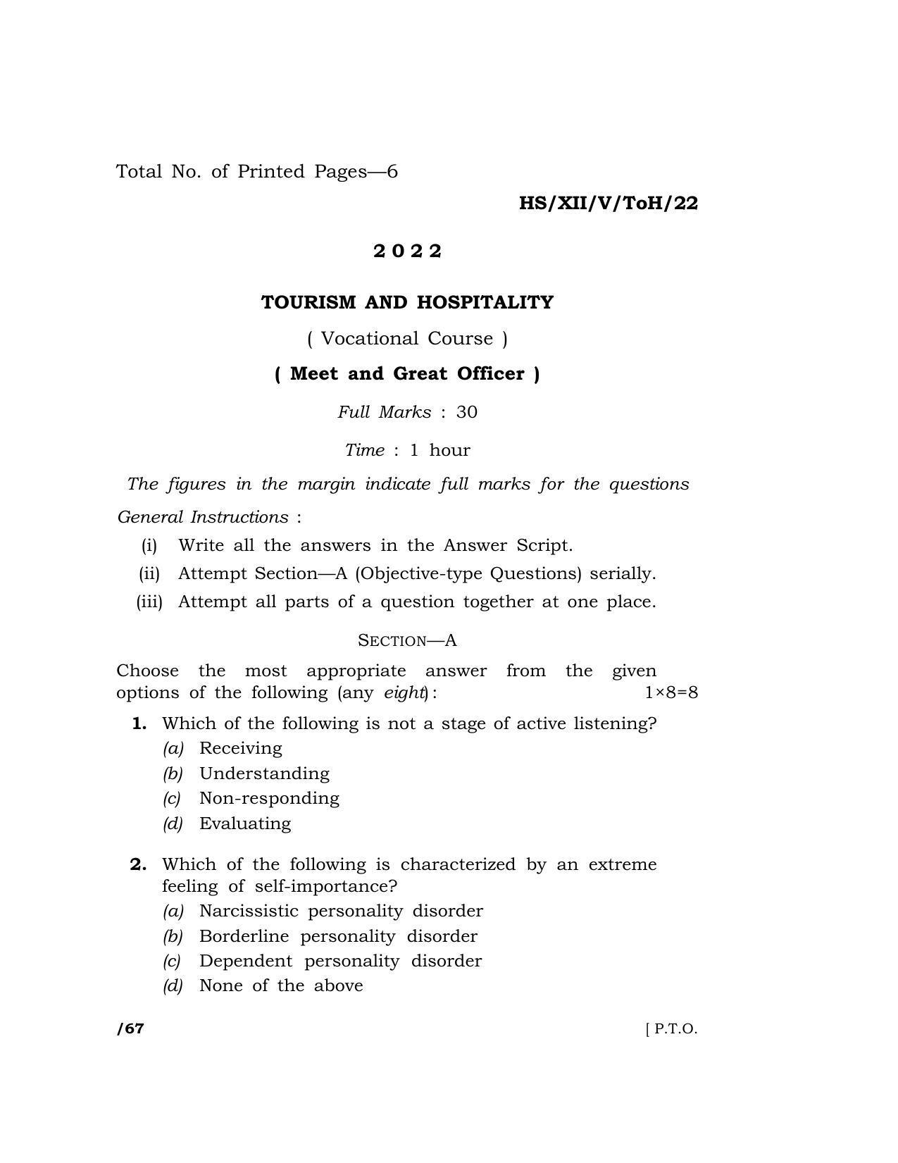 Meghalaya Board (MBOSE) Class 12 TOURISM AND HOSPITALITY (HS_XII_A. Sc. Com_TOH_22) 2022 Question Paper - Page 1