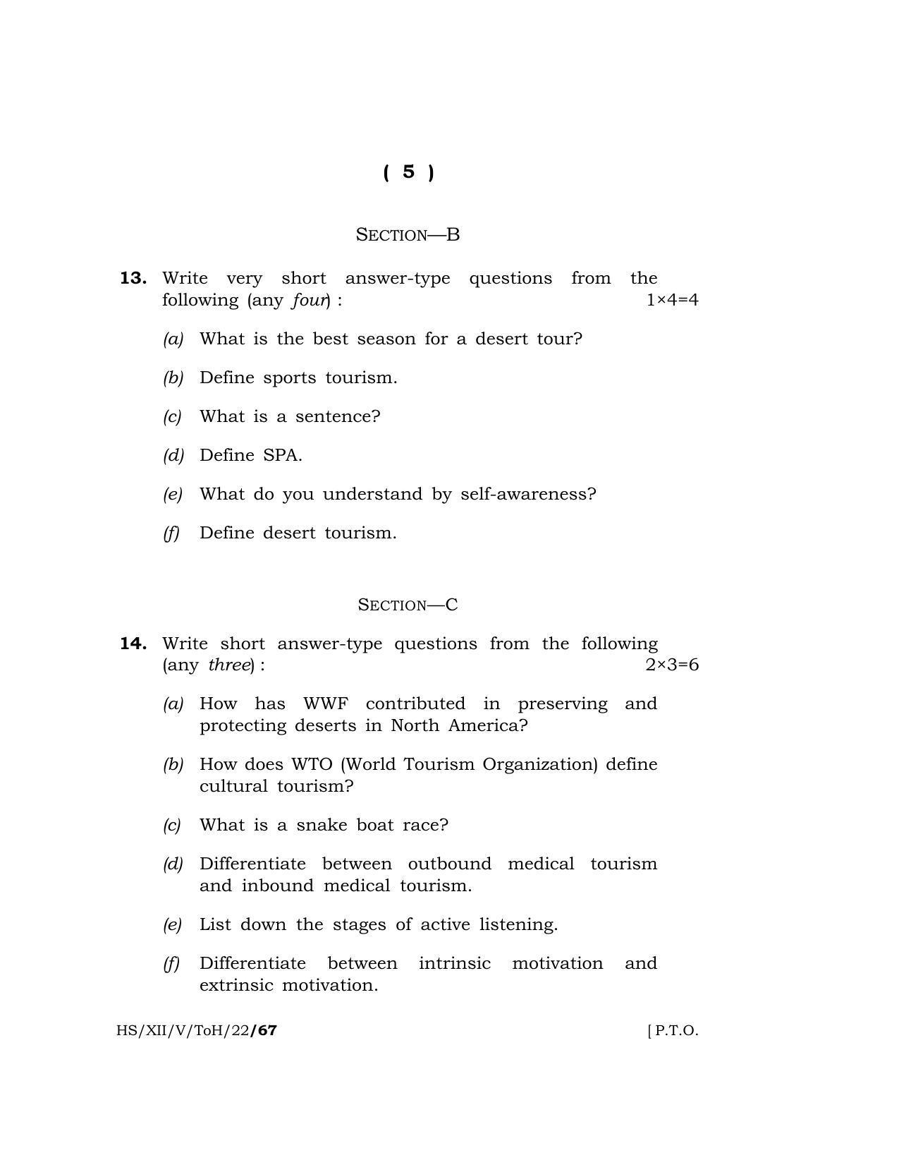 Meghalaya Board (MBOSE) Class 12 TOURISM AND HOSPITALITY (HS_XII_A. Sc. Com_TOH_22) 2022 Question Paper - Page 5