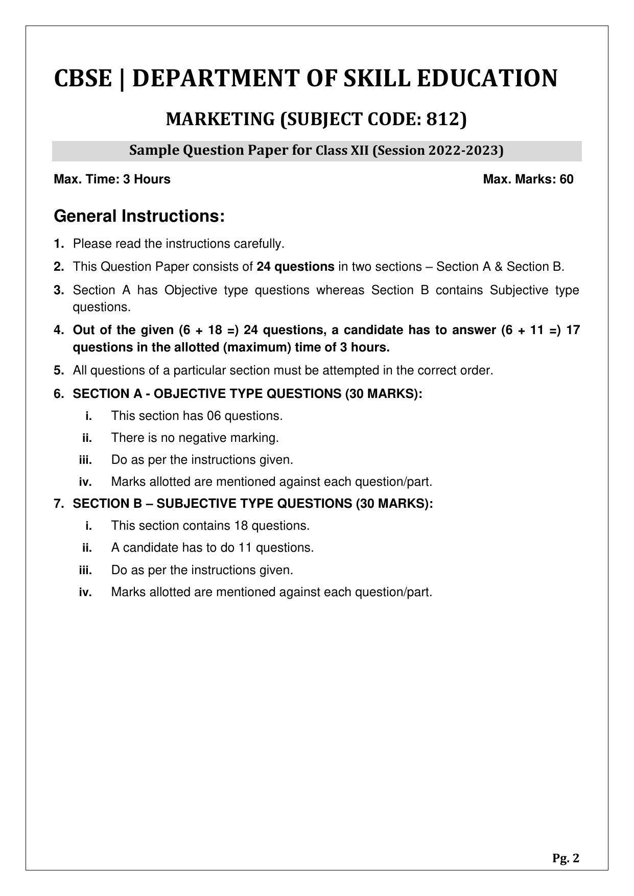 CBSE Class 12 Marketing (Skill Education) Sample Papers 2023 - Page 2