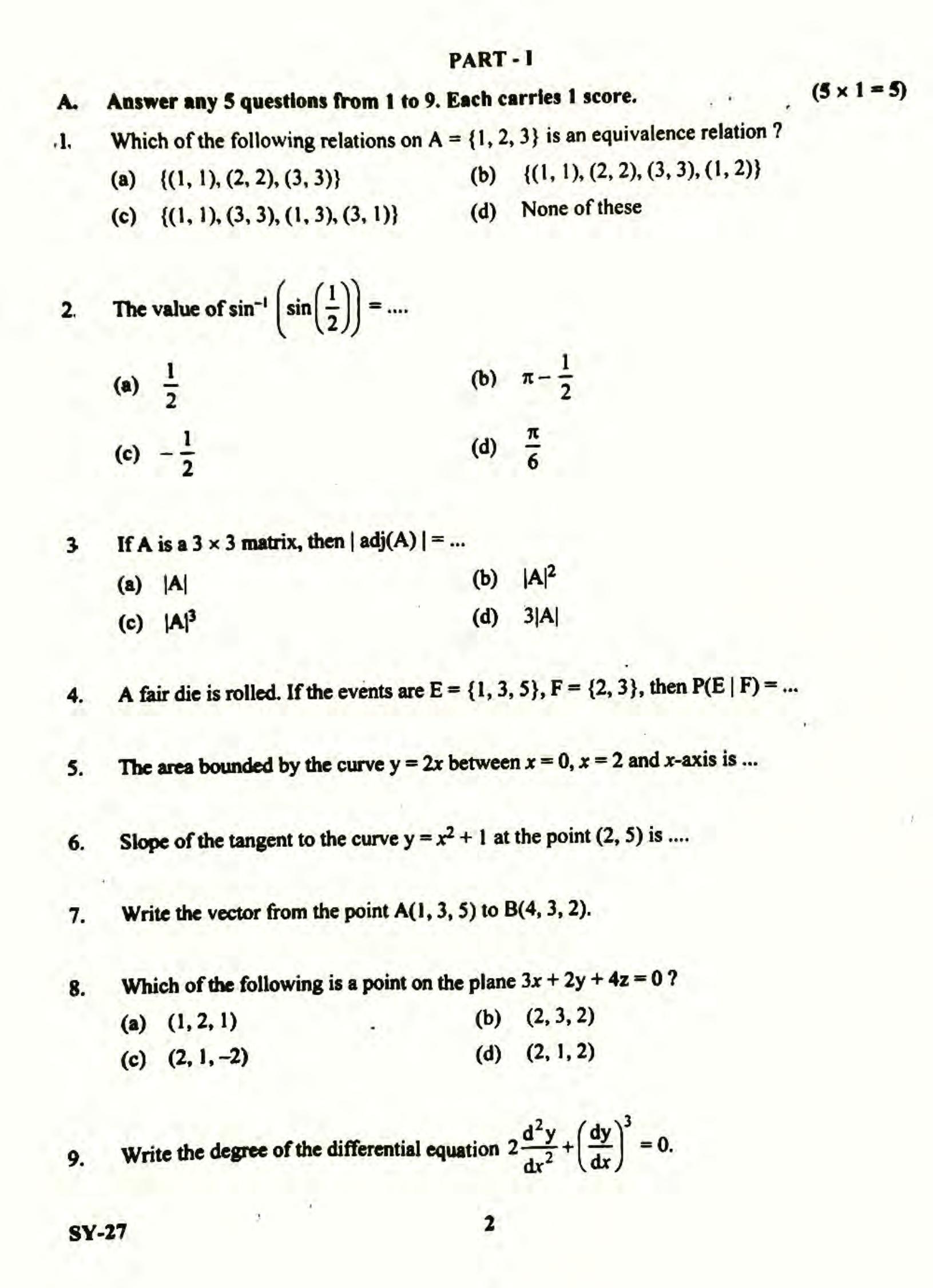 Kerala Plus Two 2022 Maths (Science) Question Paper                  - Page 2