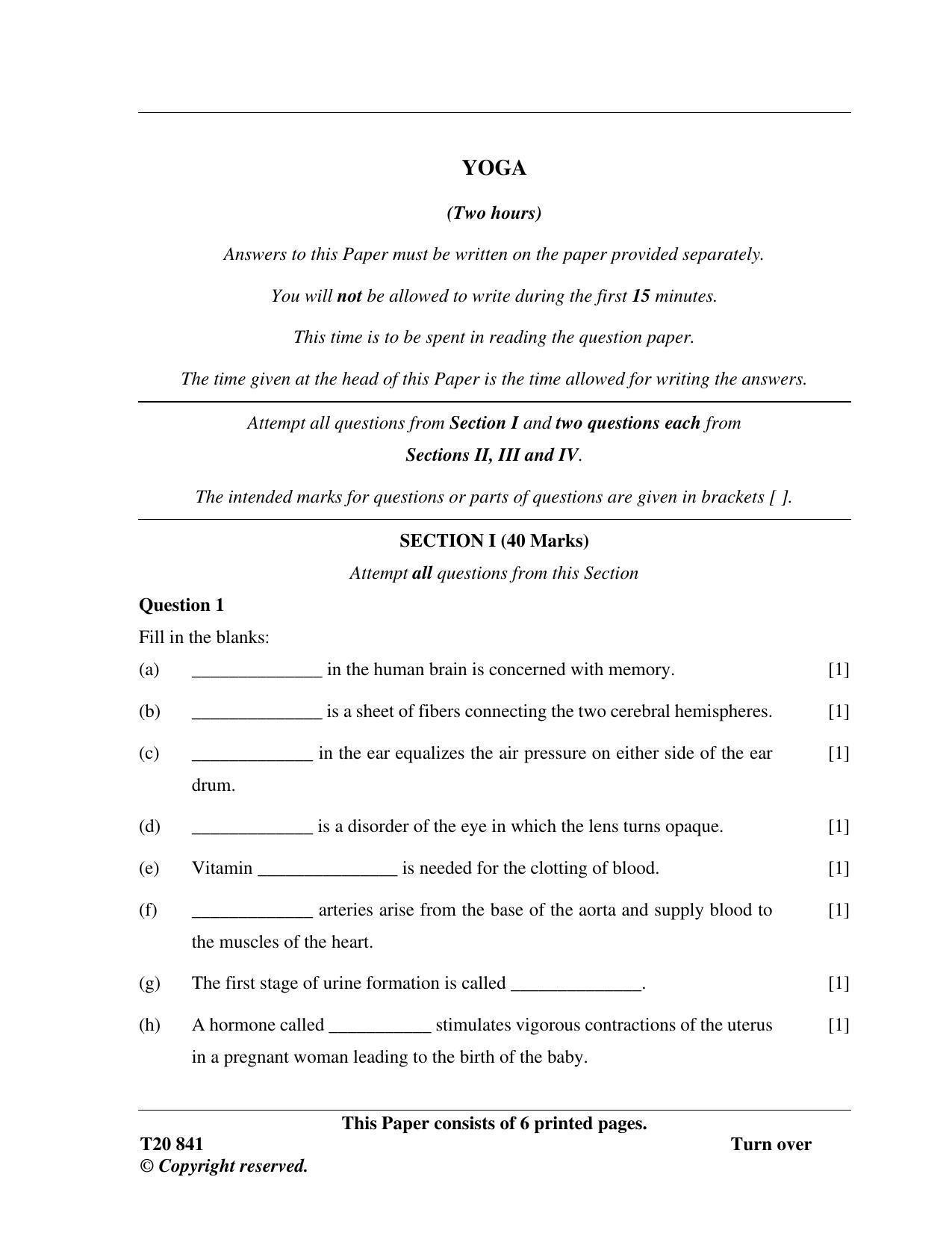 ICSE Class 10 Yoga 2020 Question Paper - Page 1
