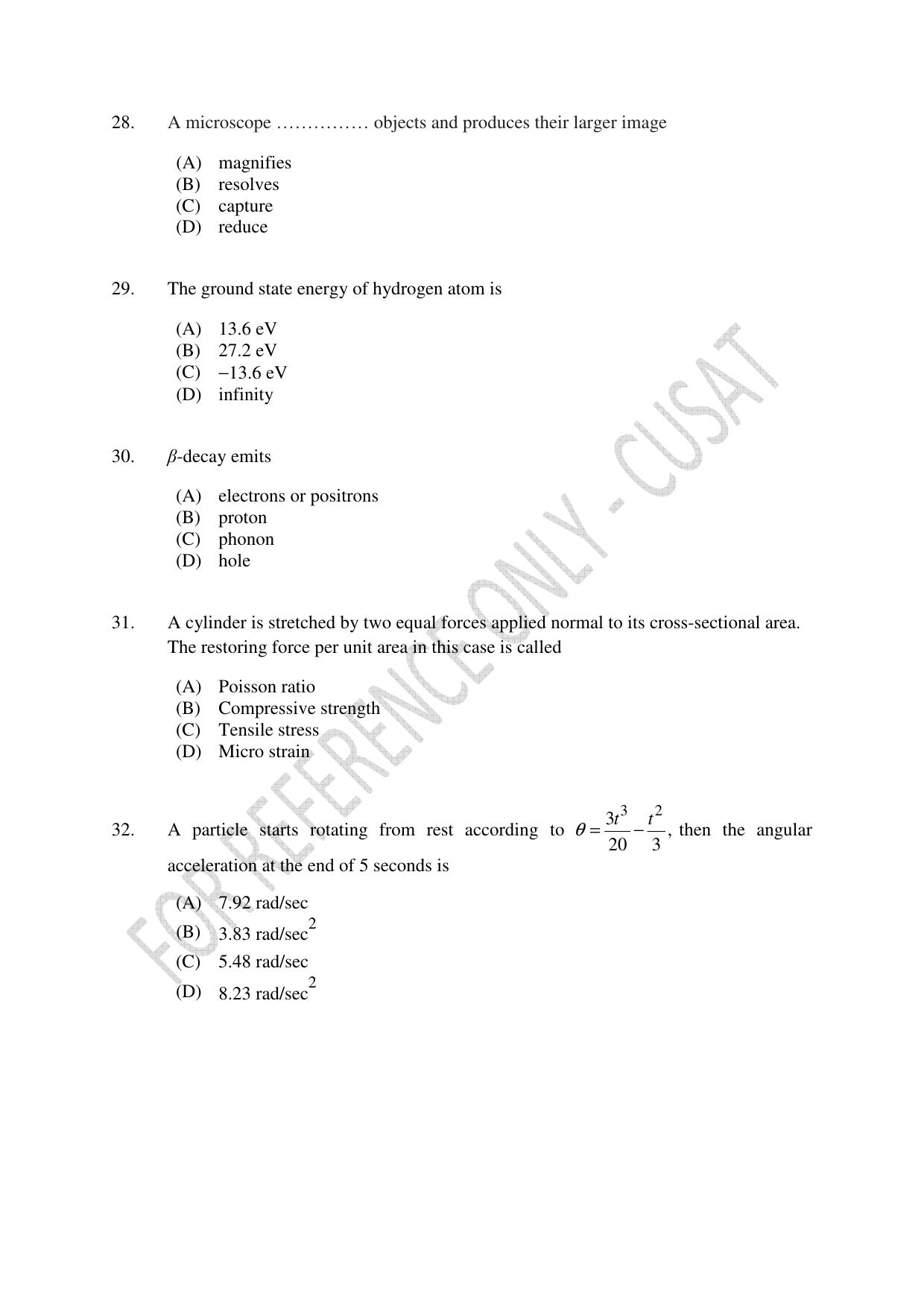 CUSAT CAT 2023 Test For Physics Chemistry Mathematics Shift IV Question Paper - Page 7