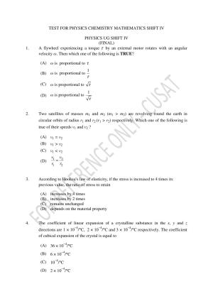 CUSAT CAT 2023 Test For Physics Chemistry Mathematics Shift IV Question Paper