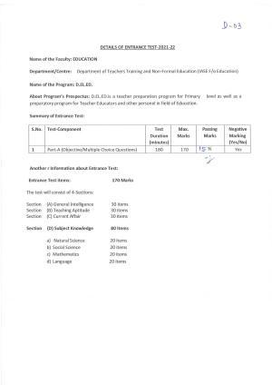 JMI Entrance Exam D03-Diploma in Elementary Education (D.El.Ed.) Syllabus