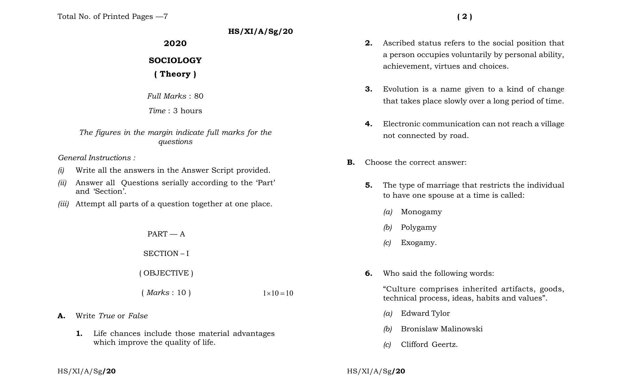 Meghalaya Board (MBOSE) Class 11 Sociology 2020 Question Paper - Page 1