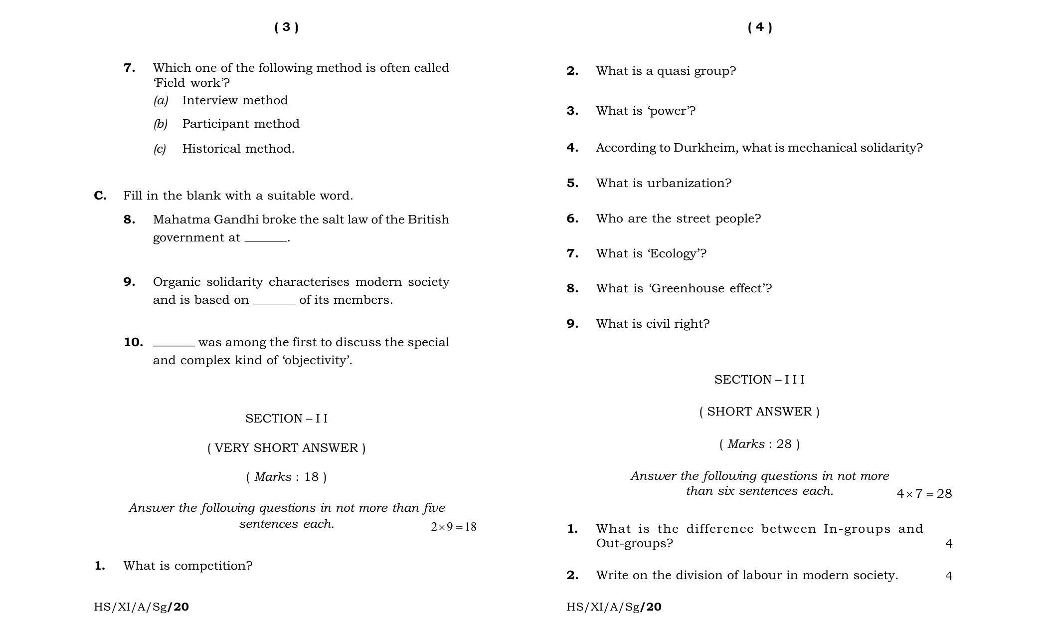 Meghalaya Board (MBOSE) Class 11 Sociology 2020 Question Paper - Page 2
