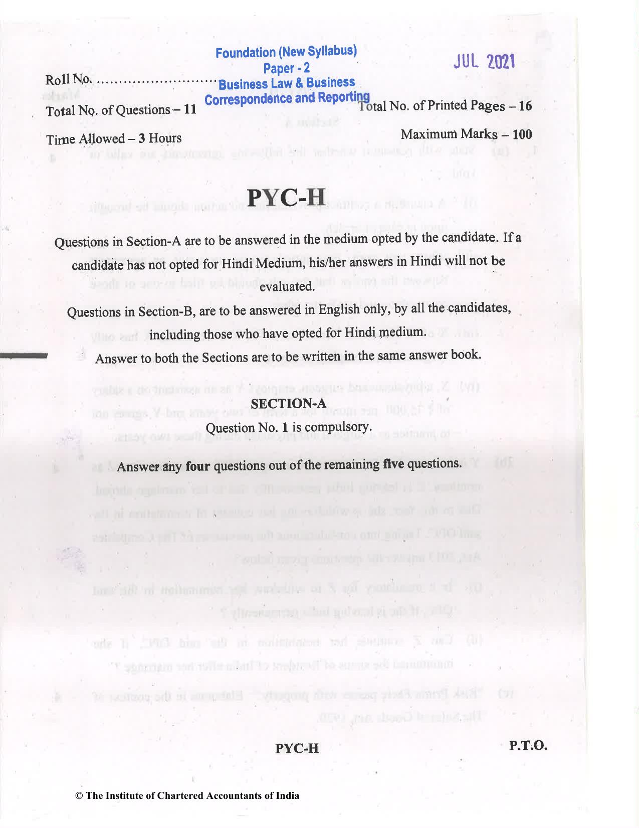 CA Foundation May 2021 Question Paper - Paper 2 (Business Laws and Business Correspondence and Reporting) - Page 1