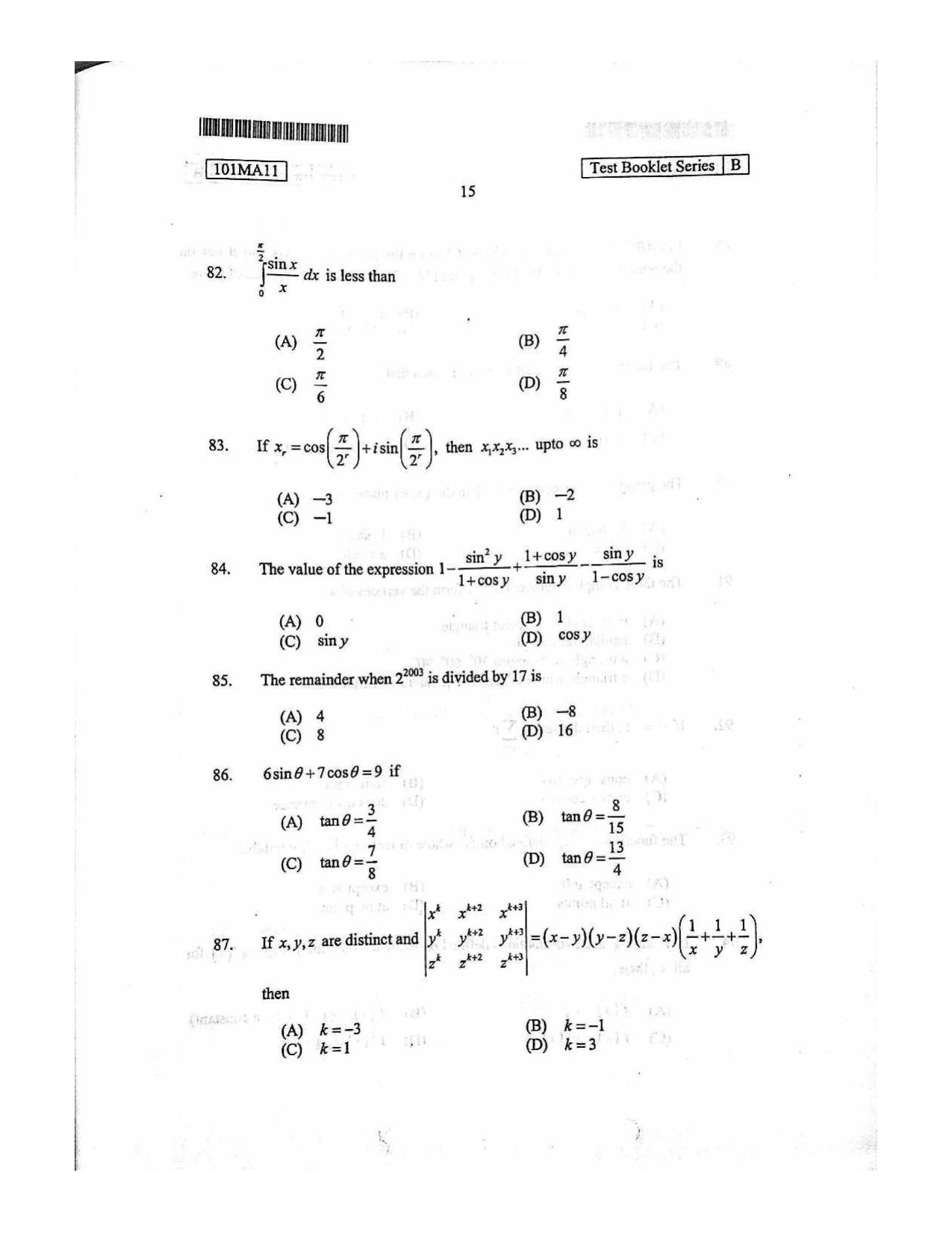 CUSAT CAT 2011 Mathematics Question Paper - Page 16