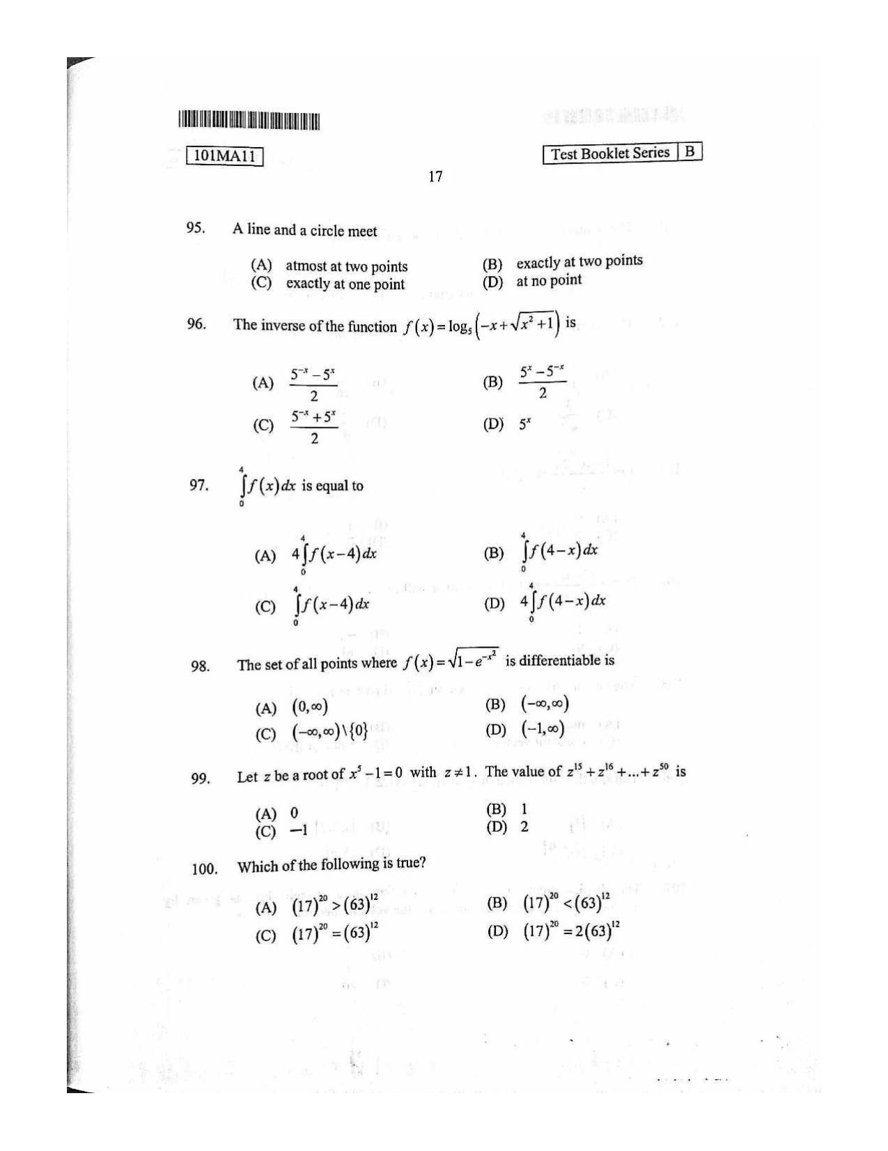 CUSAT CAT 2011 Mathematics Question Paper - Page 18