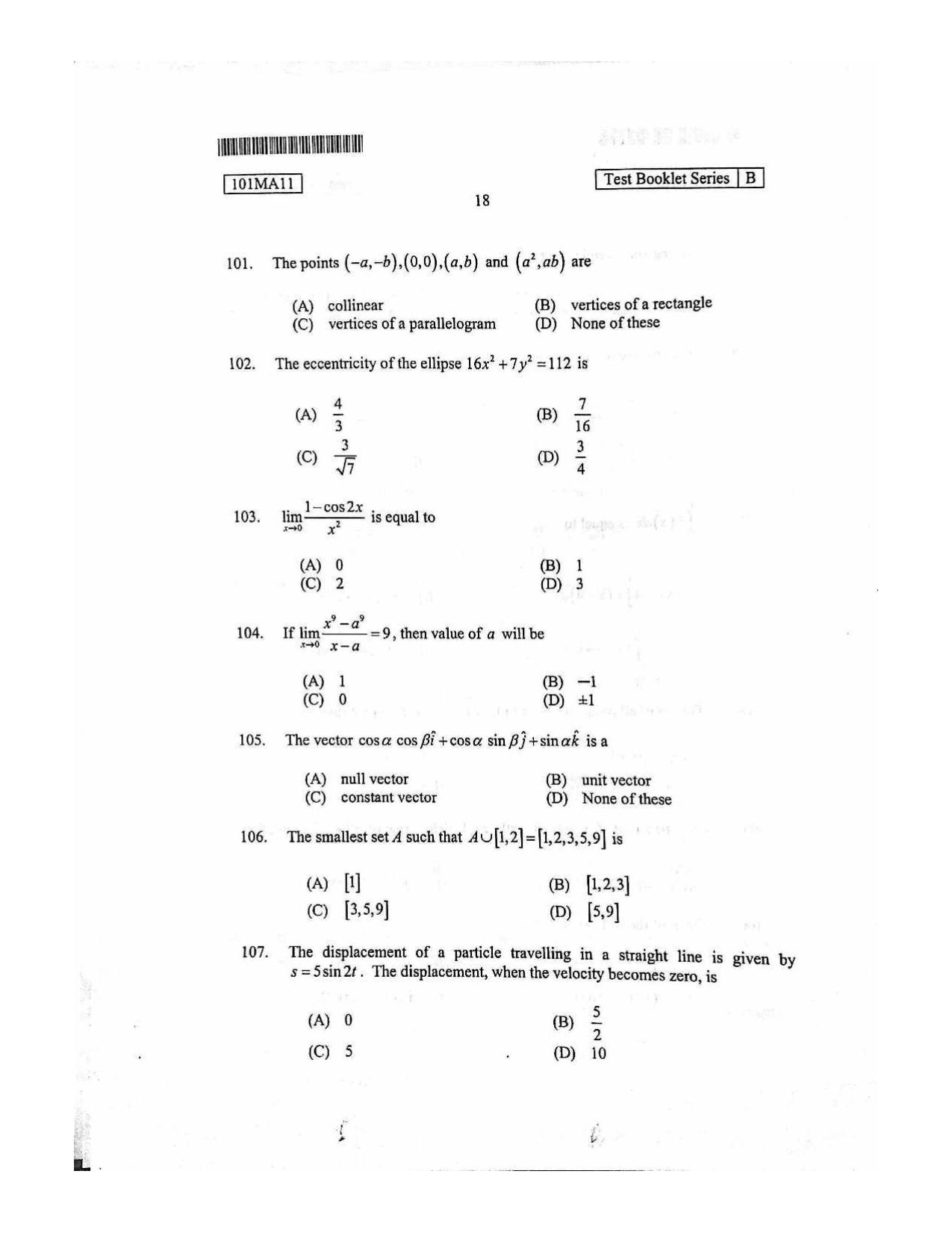 CUSAT CAT 2011 Mathematics Question Paper - Page 19