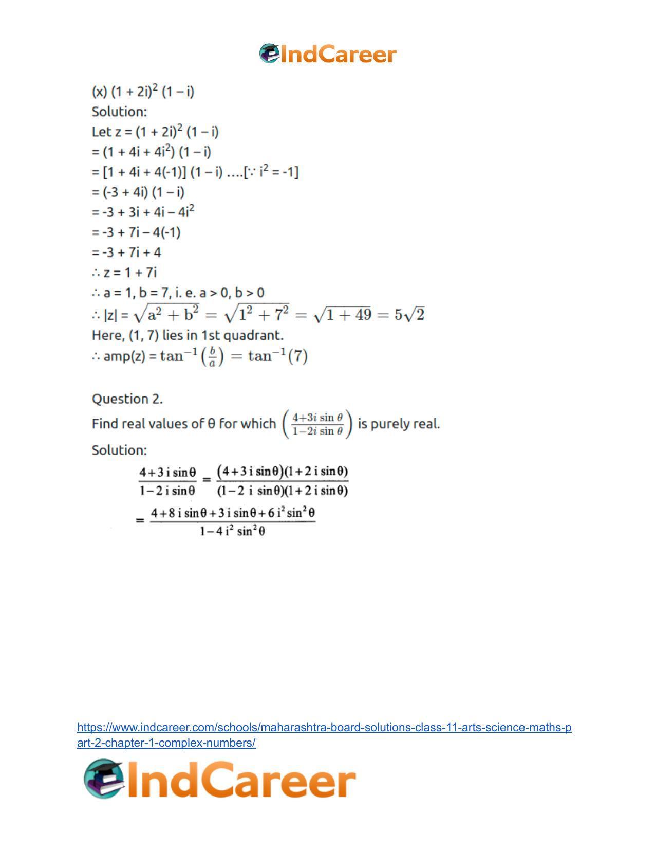 Maharashtra Board Solutions Class 11-Arts & Science Maths (Part 2): Chapter 1- Complex Numbers - Page 73