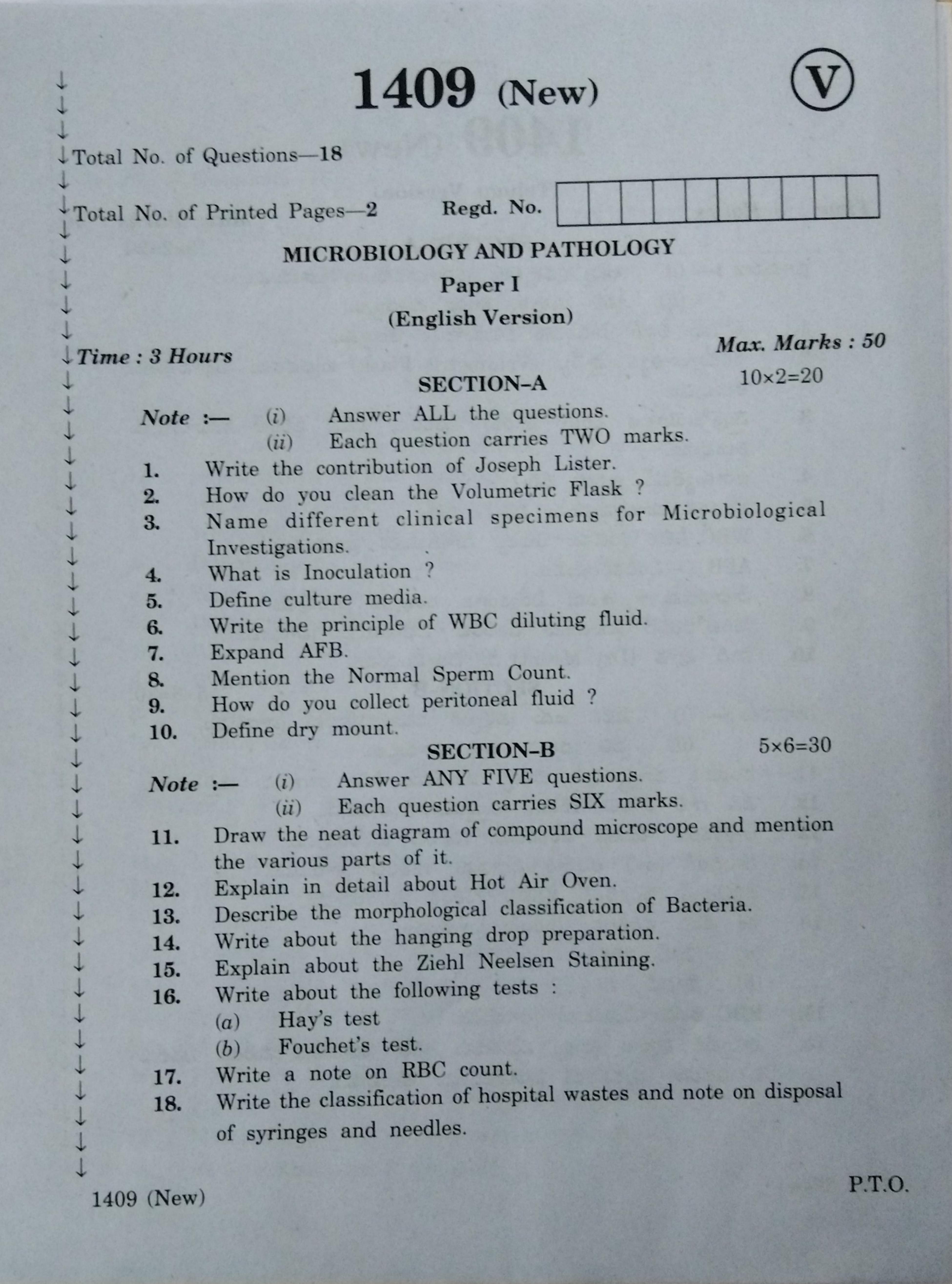 AP Inter 2nd Year Vocational Question Paper March - 2020 - Microbiology Pathology-I - Page 1