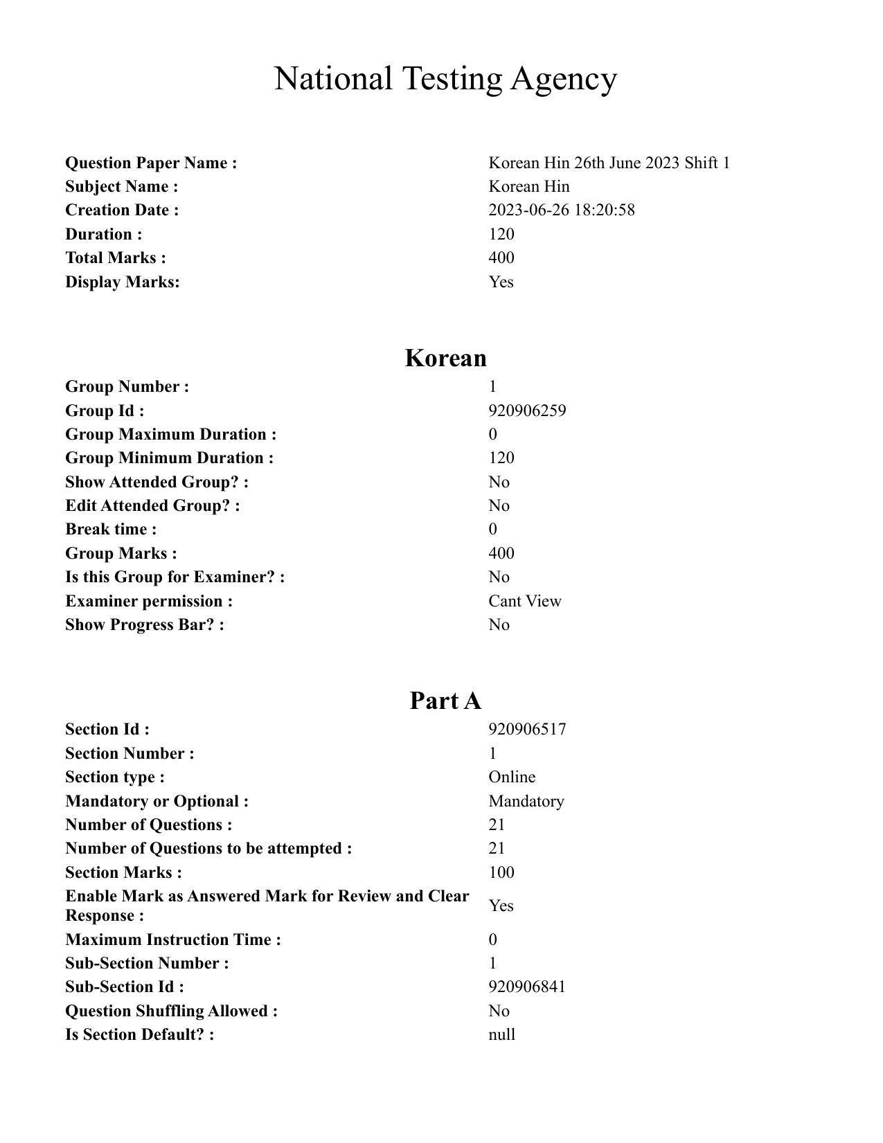 CUET PG 2023: LAQP20 – Korean (Hin) - Shift 1 (26-06-2023) Question Paper - Page 1