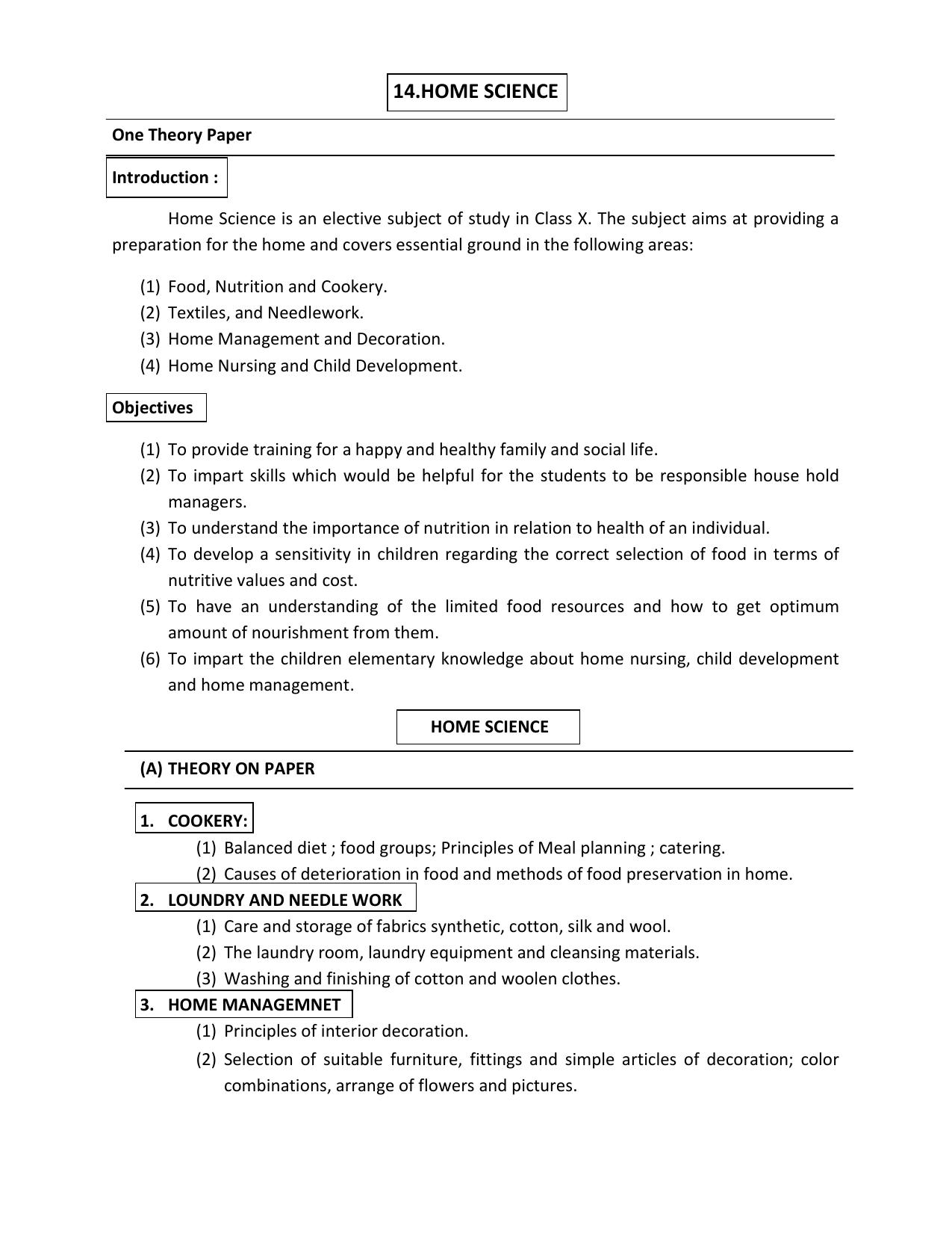 HP Board Class 10th Syllabus for Home Science - Page 1