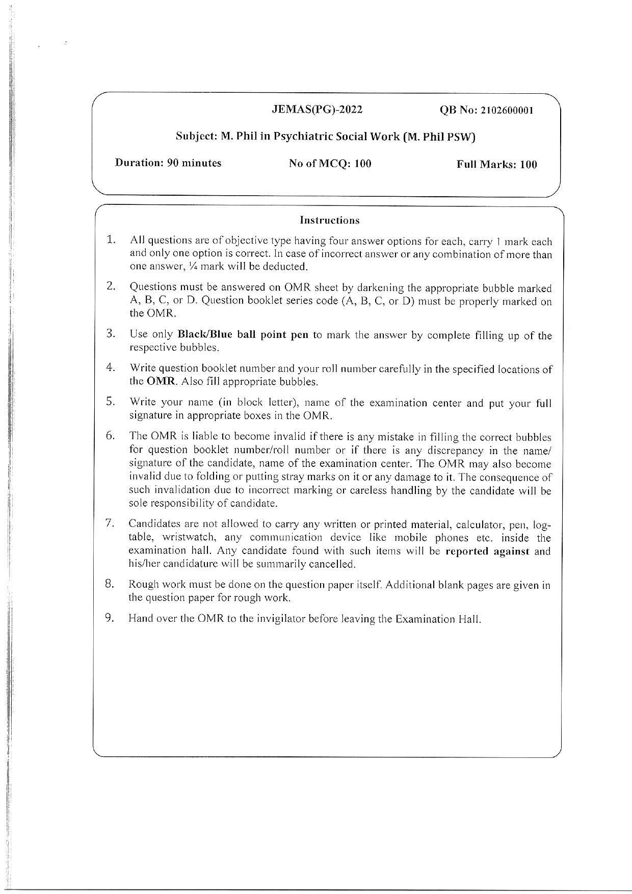 WBJEEB JEMAS (PG) 2022 MPhil PSW Question Paper - Page 1