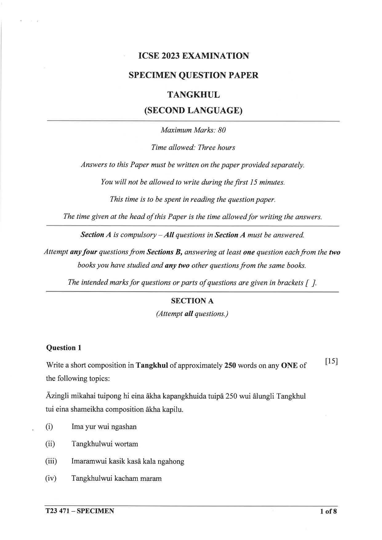 ICSE Class 10 Tangkhul Sample Paper 2023 - Page 1