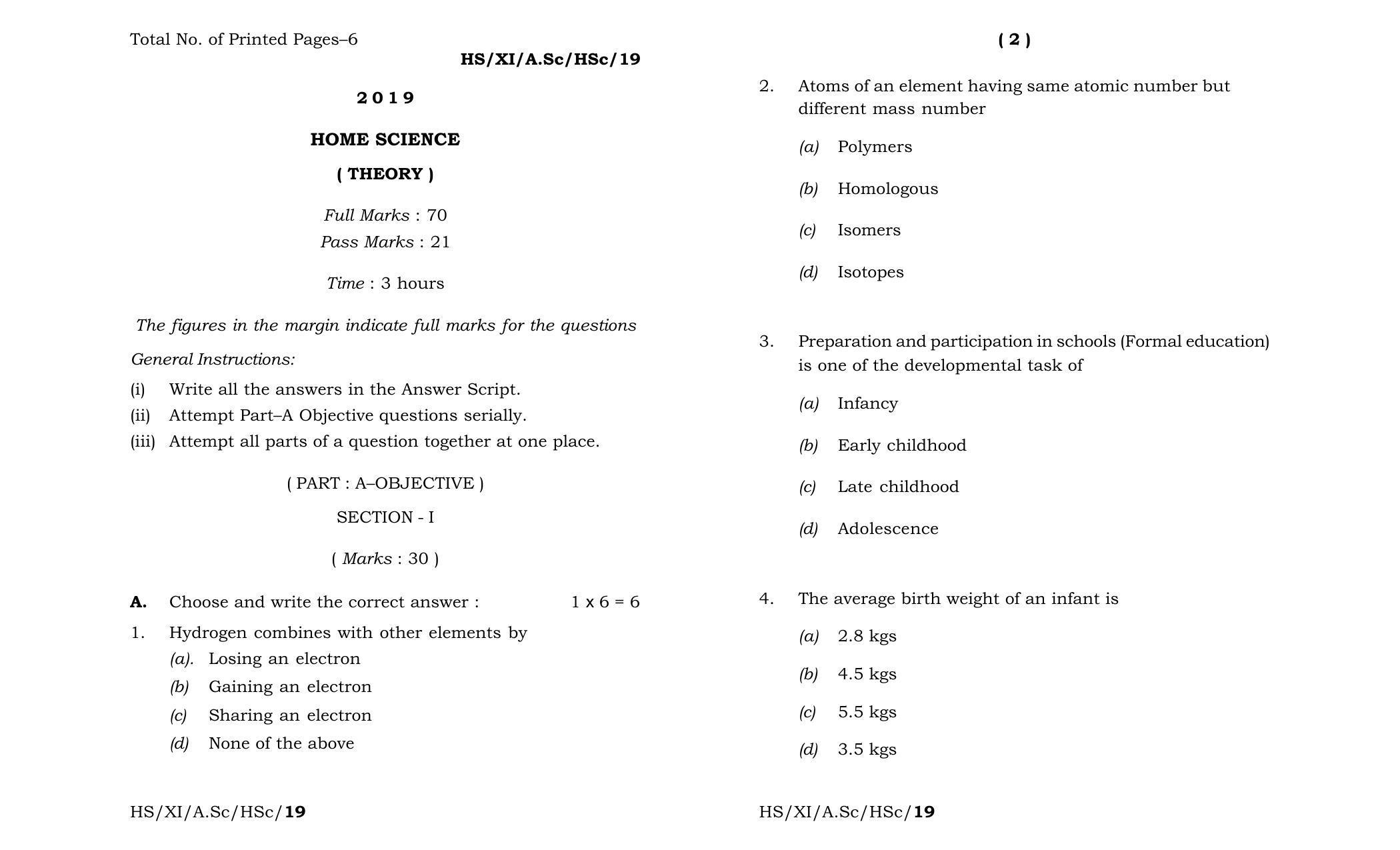 Meghalaya Board (MBOSE) Class 11 Home_Science 2019 Question Paper - Page 1