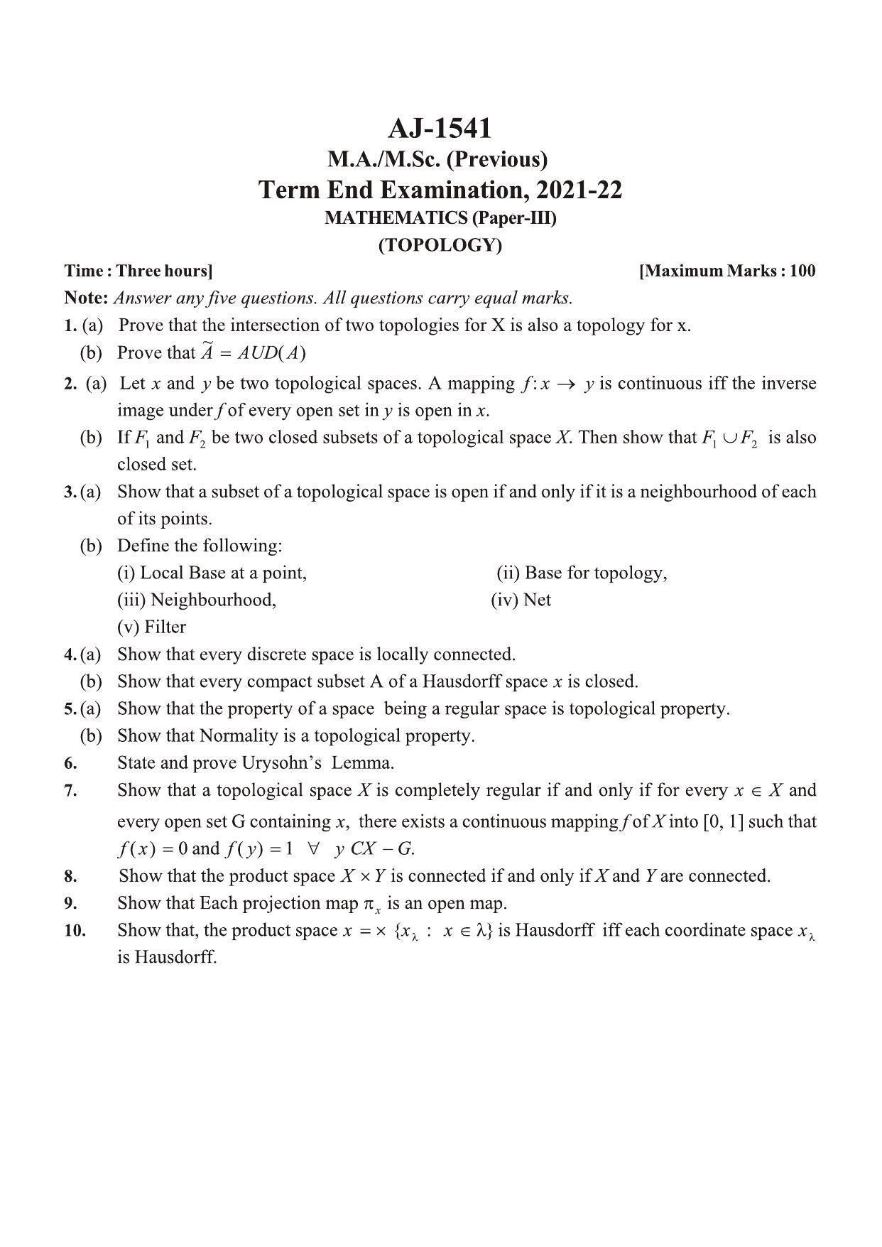 Bilaspur University Question Paper 2021-2022:M.Sc (Previous) Mathematics Topology paper 1 - Page 1