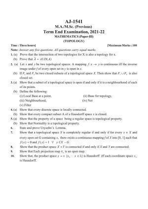 Bilaspur University Question Paper 2021-2022:M.Sc (Previous) Mathematics  Topology paper 1