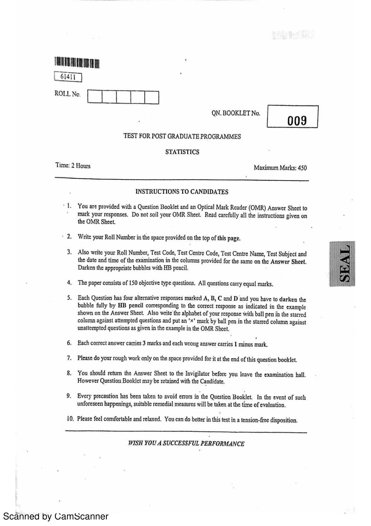 CUSAT CAT 2011 Statistics Question Paper - Page 1