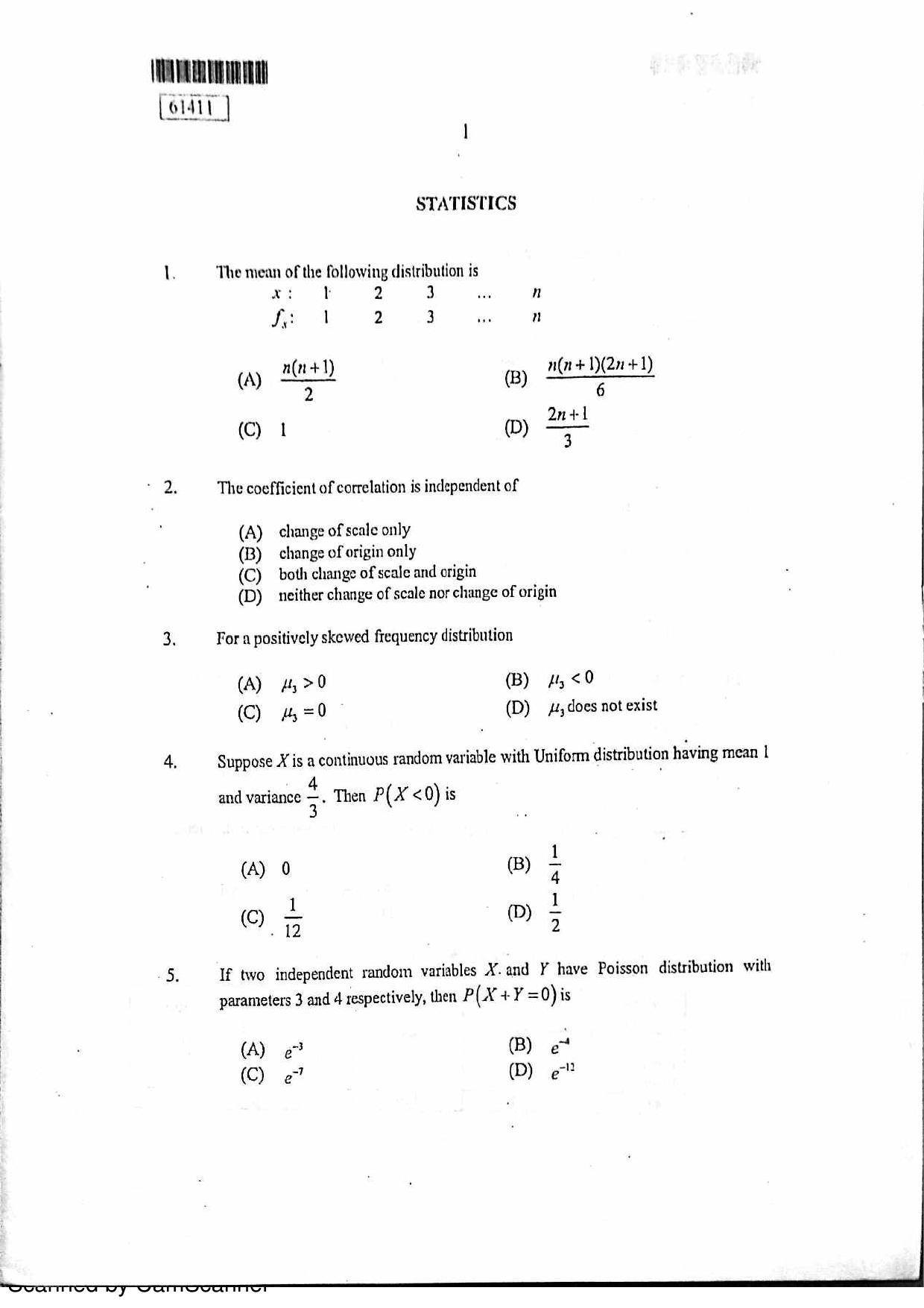 CUSAT CAT 2011 Statistics Question Paper - Page 2