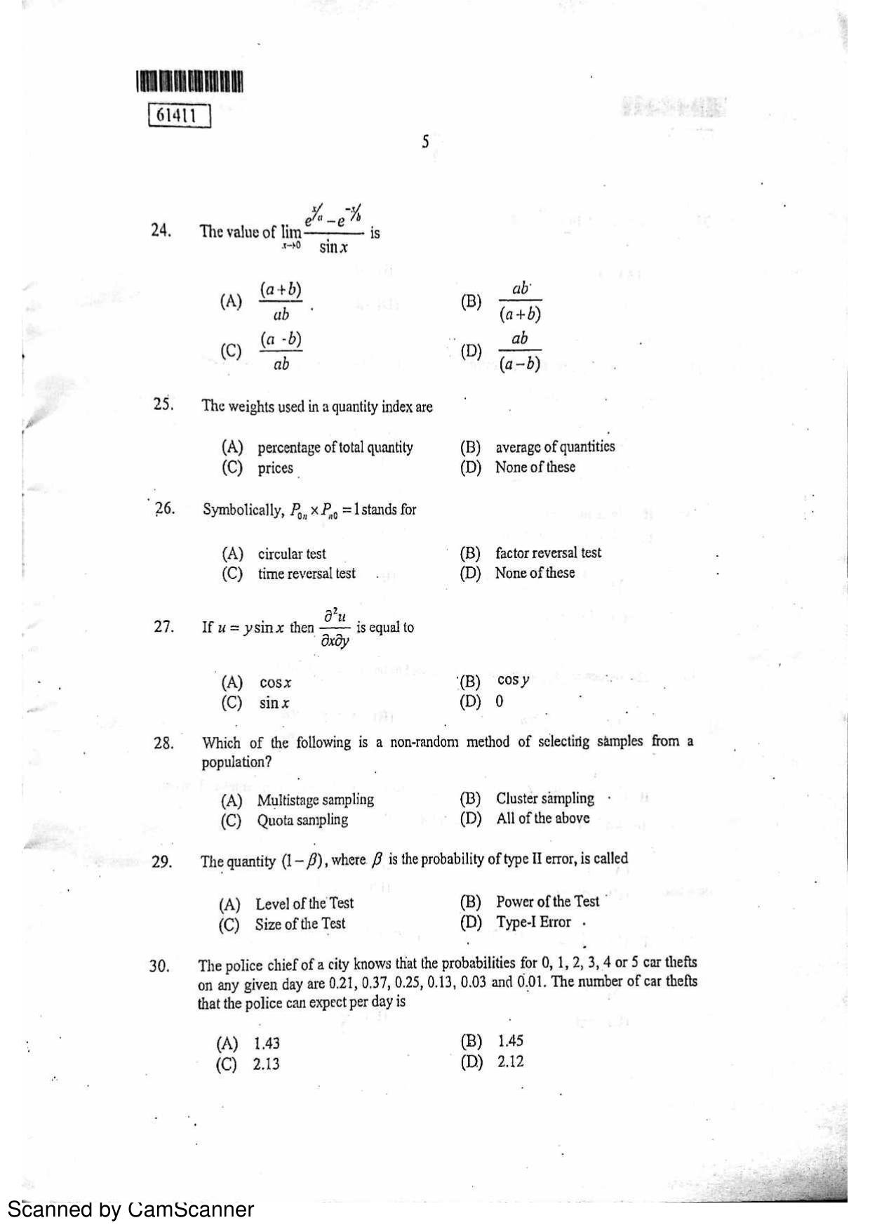 CUSAT CAT 2011 Statistics Question Paper - Page 6