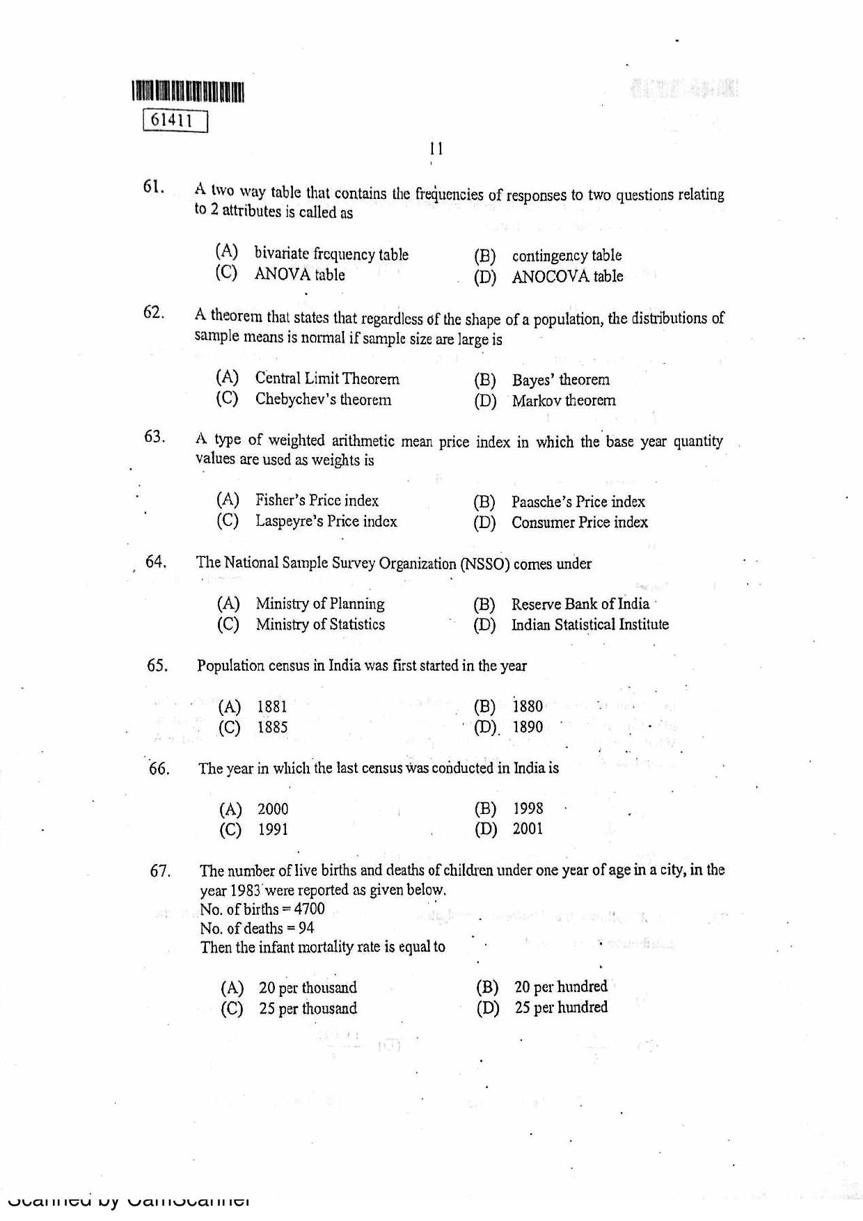 CUSAT CAT 2011 Statistics Question Paper - Page 12