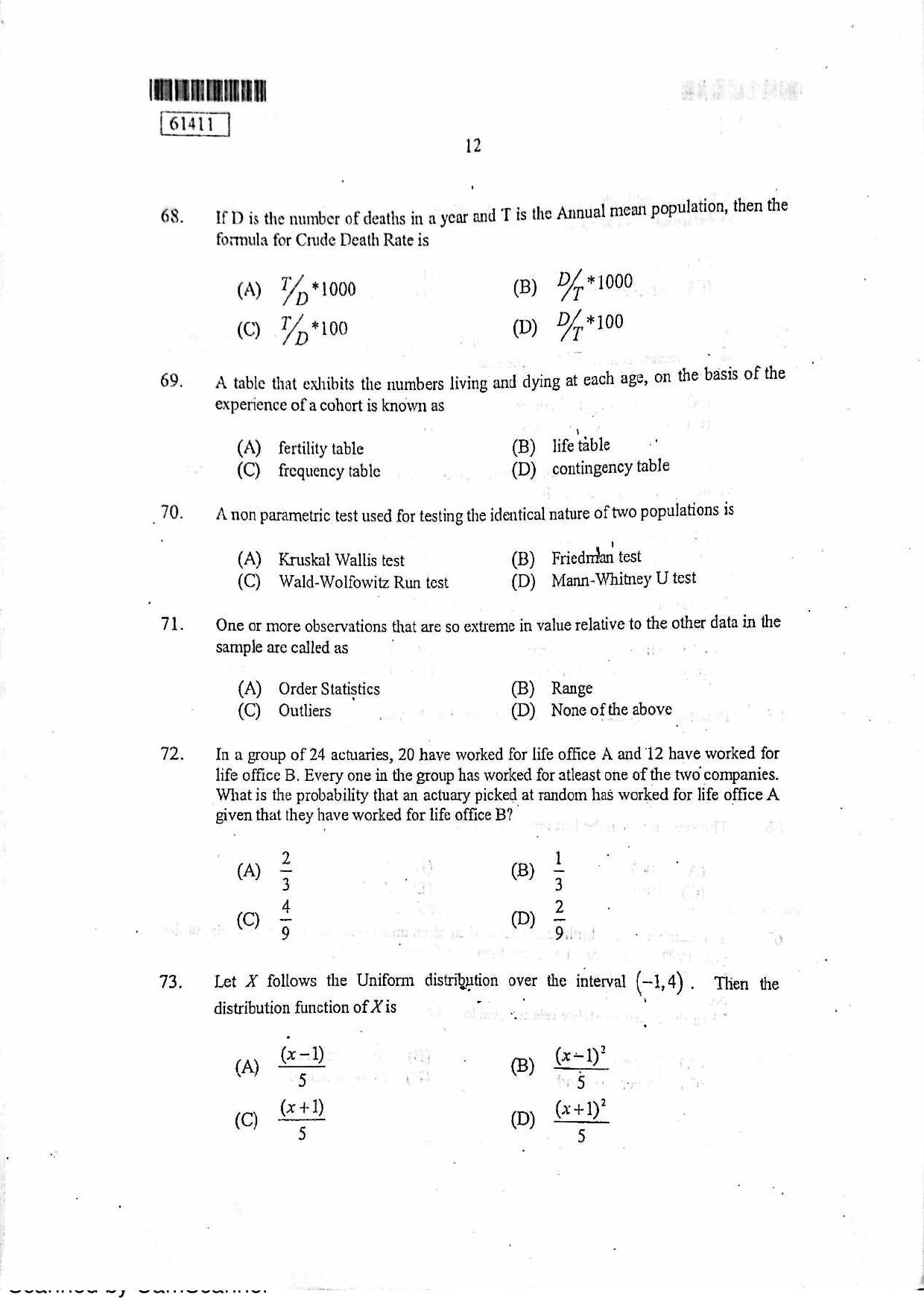 CUSAT CAT 2011 Statistics Question Paper - Page 13