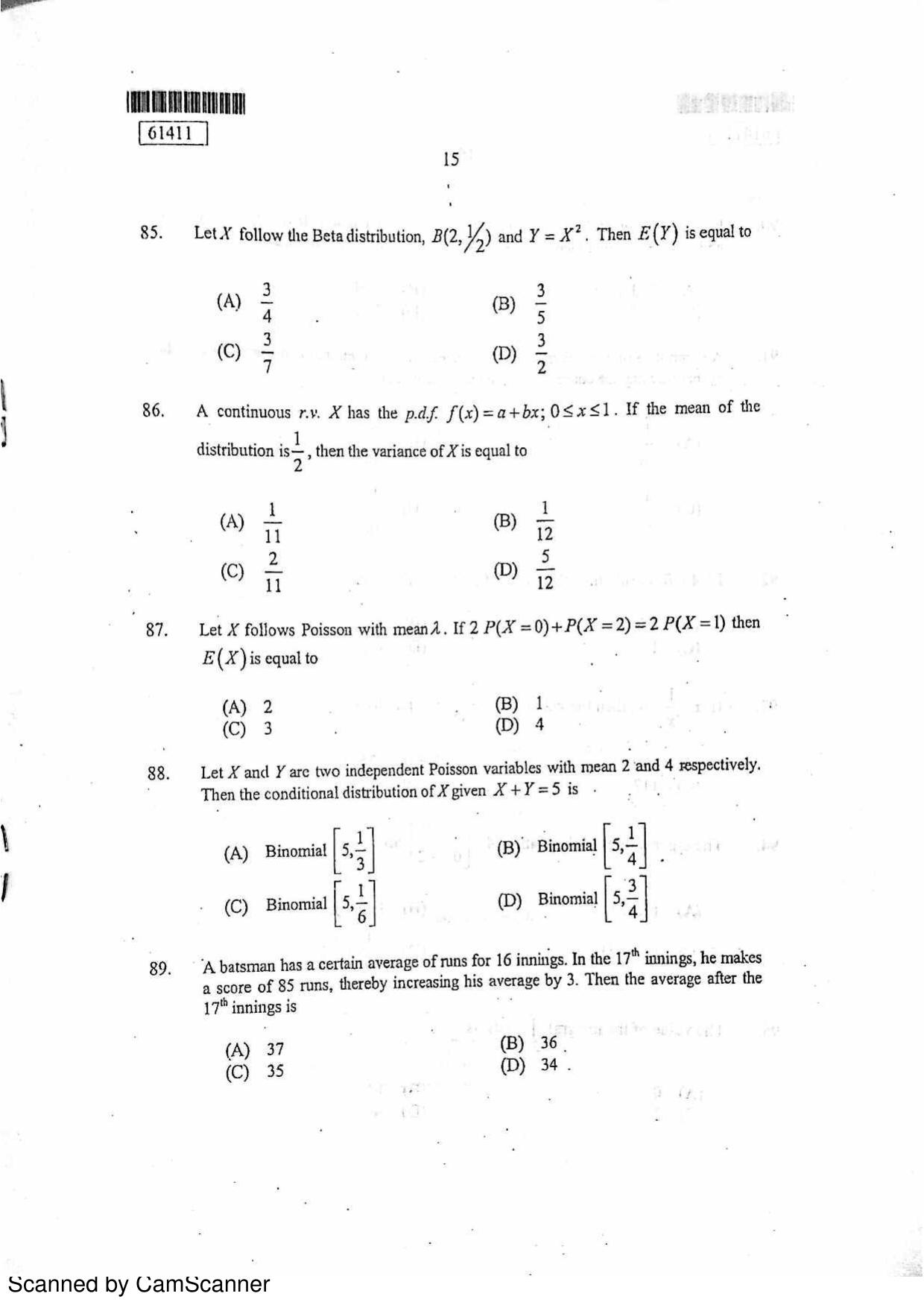 CUSAT CAT 2011 Statistics Question Paper - Page 16