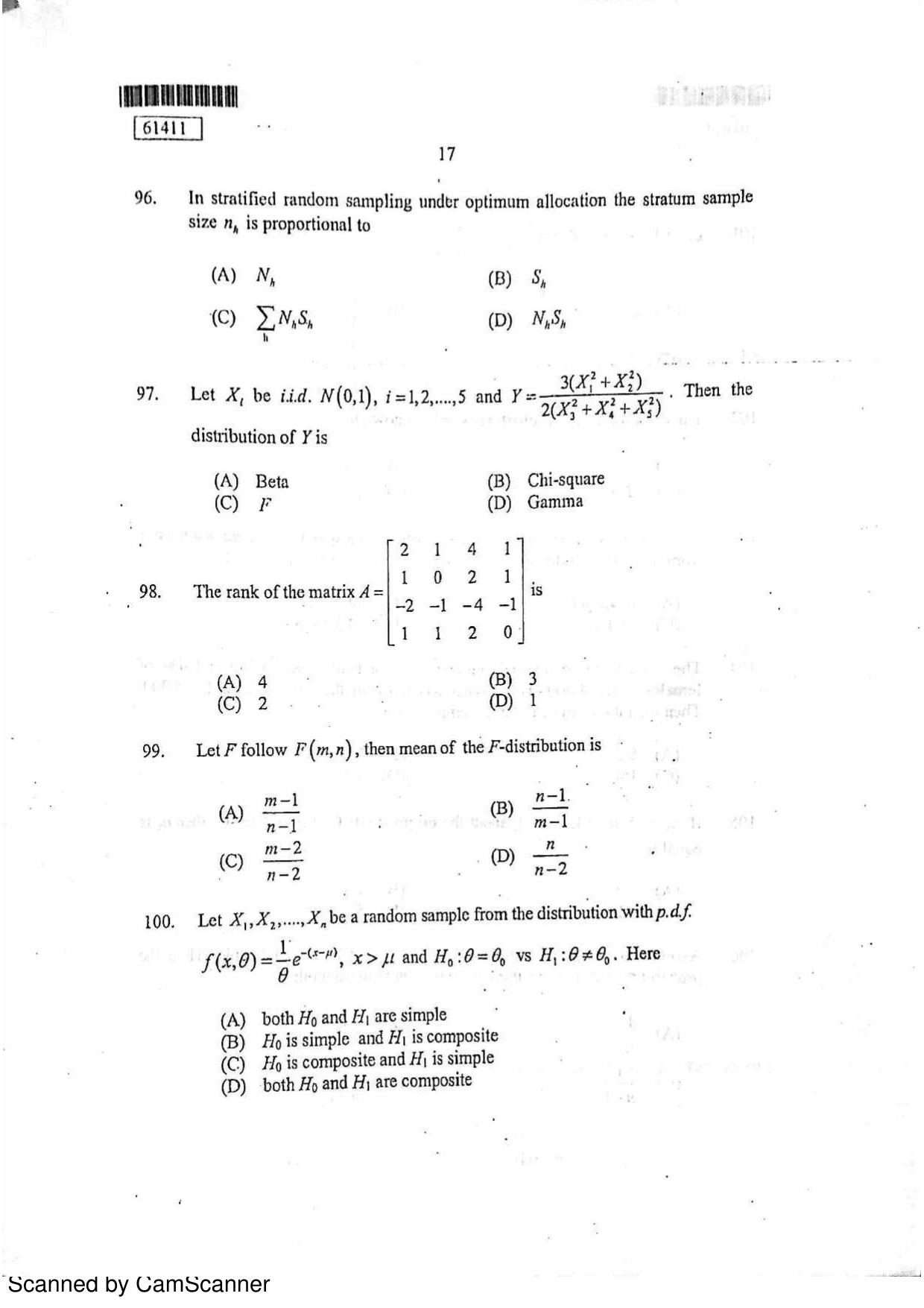 CUSAT CAT 2011 Statistics Question Paper - Page 18