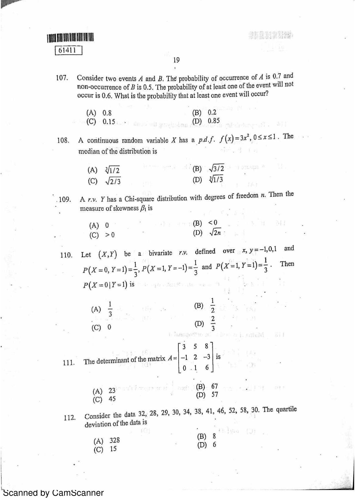 CUSAT CAT 2011 Statistics Question Paper - Page 20