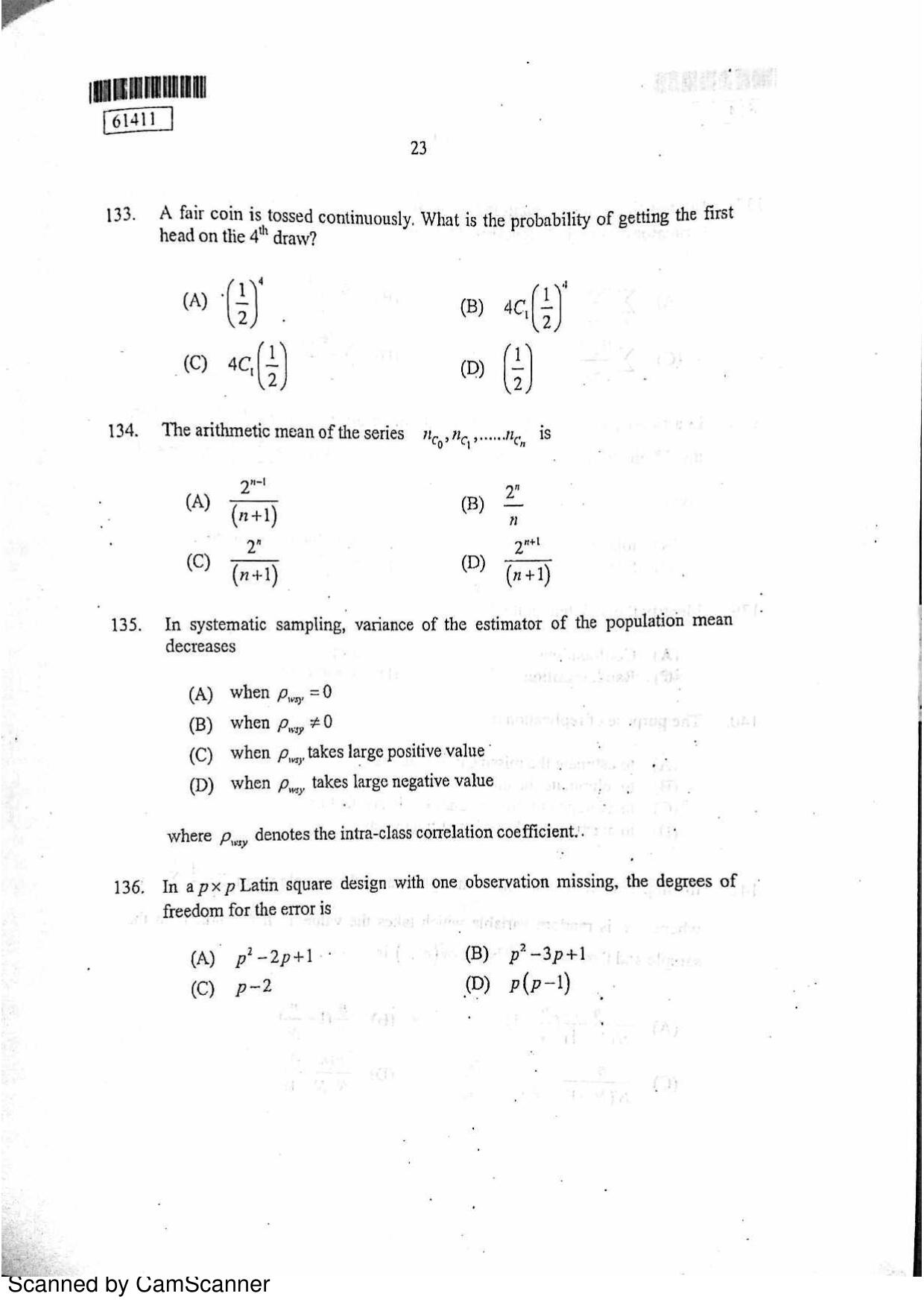 CUSAT CAT 2011 Statistics Question Paper - Page 24