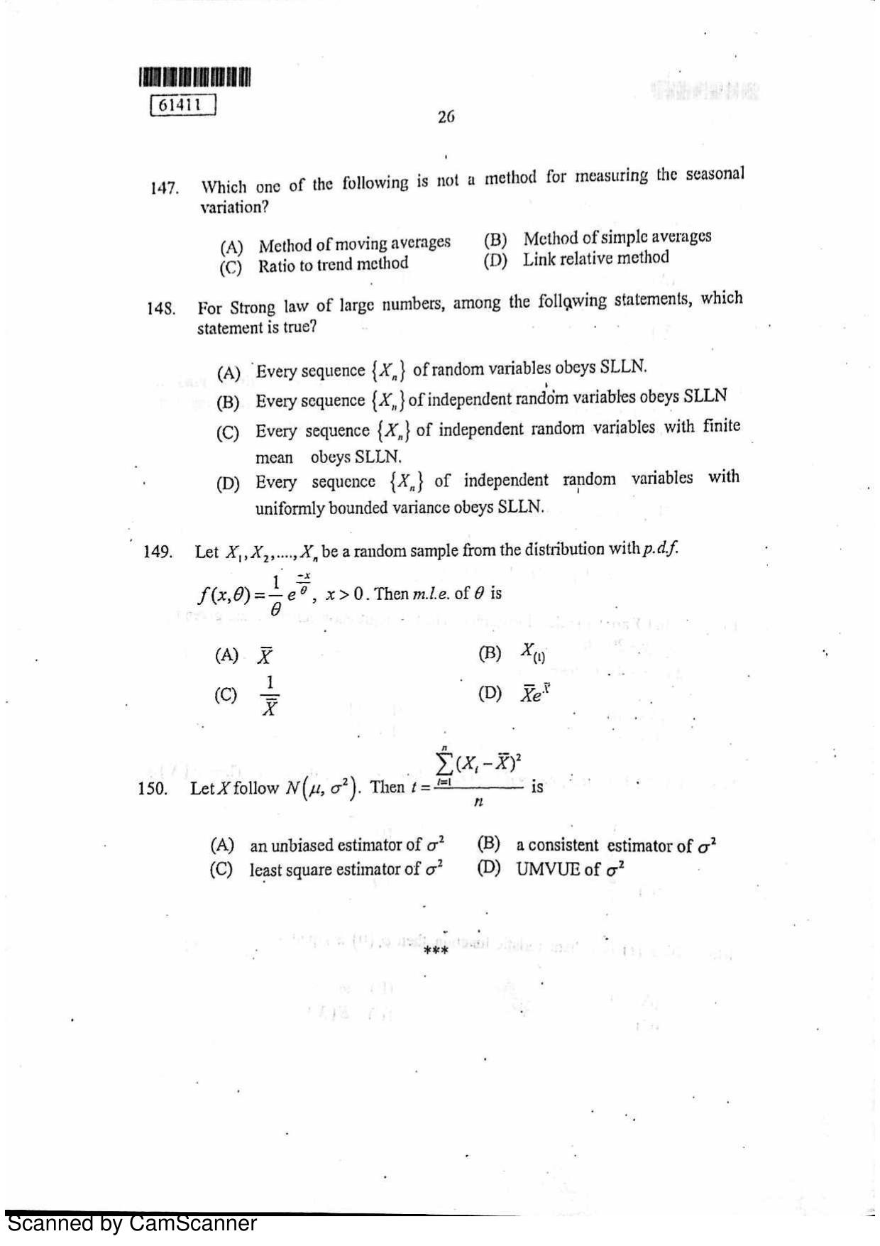 CUSAT CAT 2011 Statistics Question Paper - Page 27